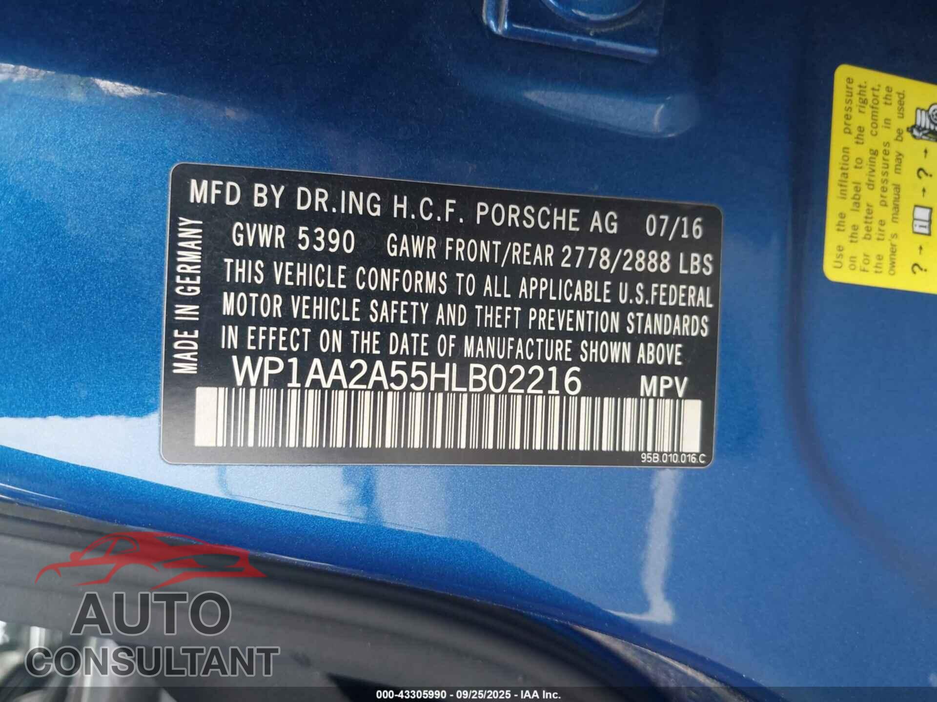 PORSCHE MACAN 2017 - WP1AA2A55HLB02216
