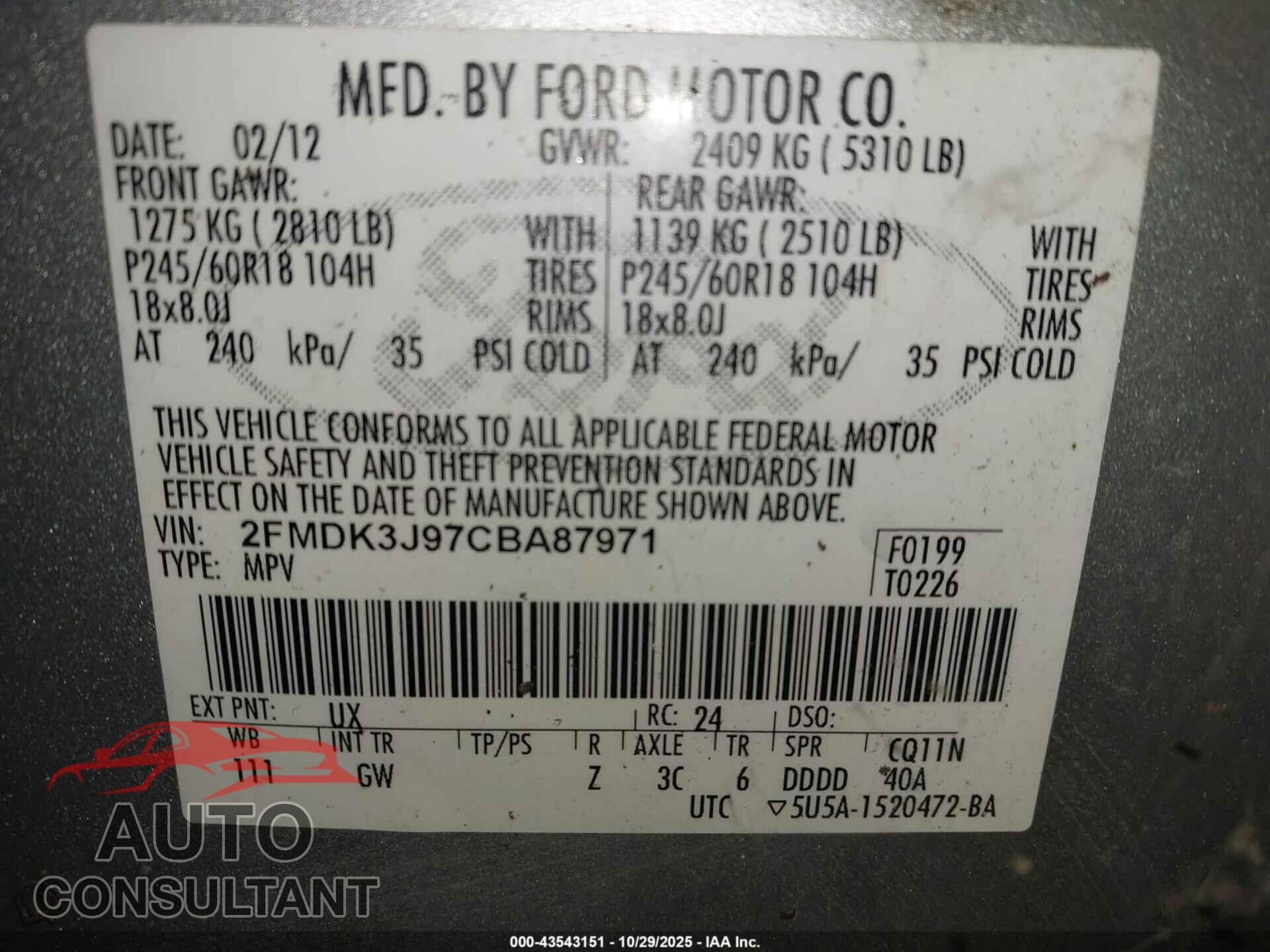 FORD EDGE 2012 - 2FMDK3J97CBA87971