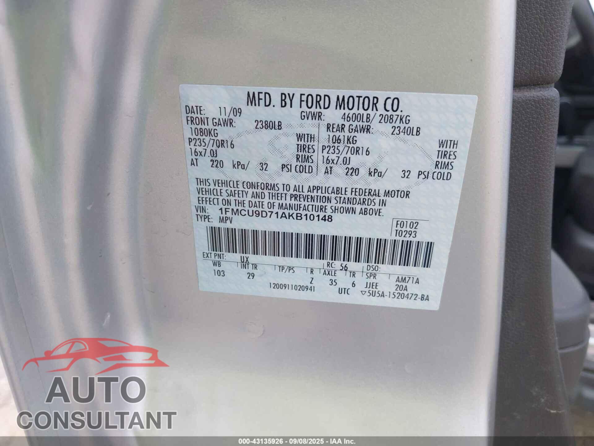 FORD ESCAPE 2010 - 1FMCU9D71AKB10148