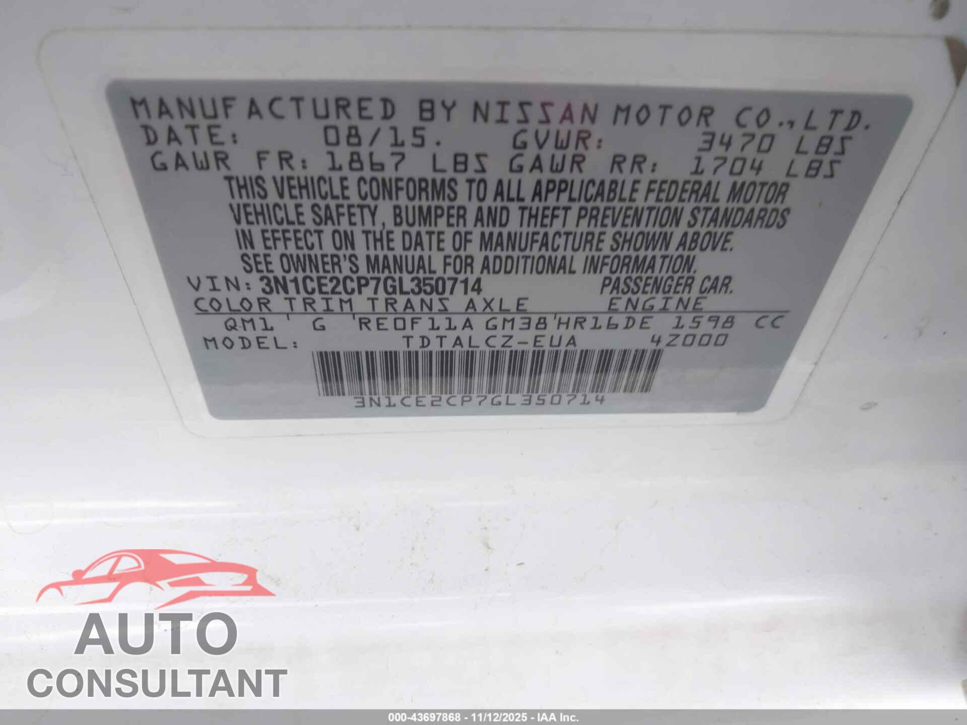 NISSAN VERSA NOTE 2016 - 3N1CE2CP7GL350714