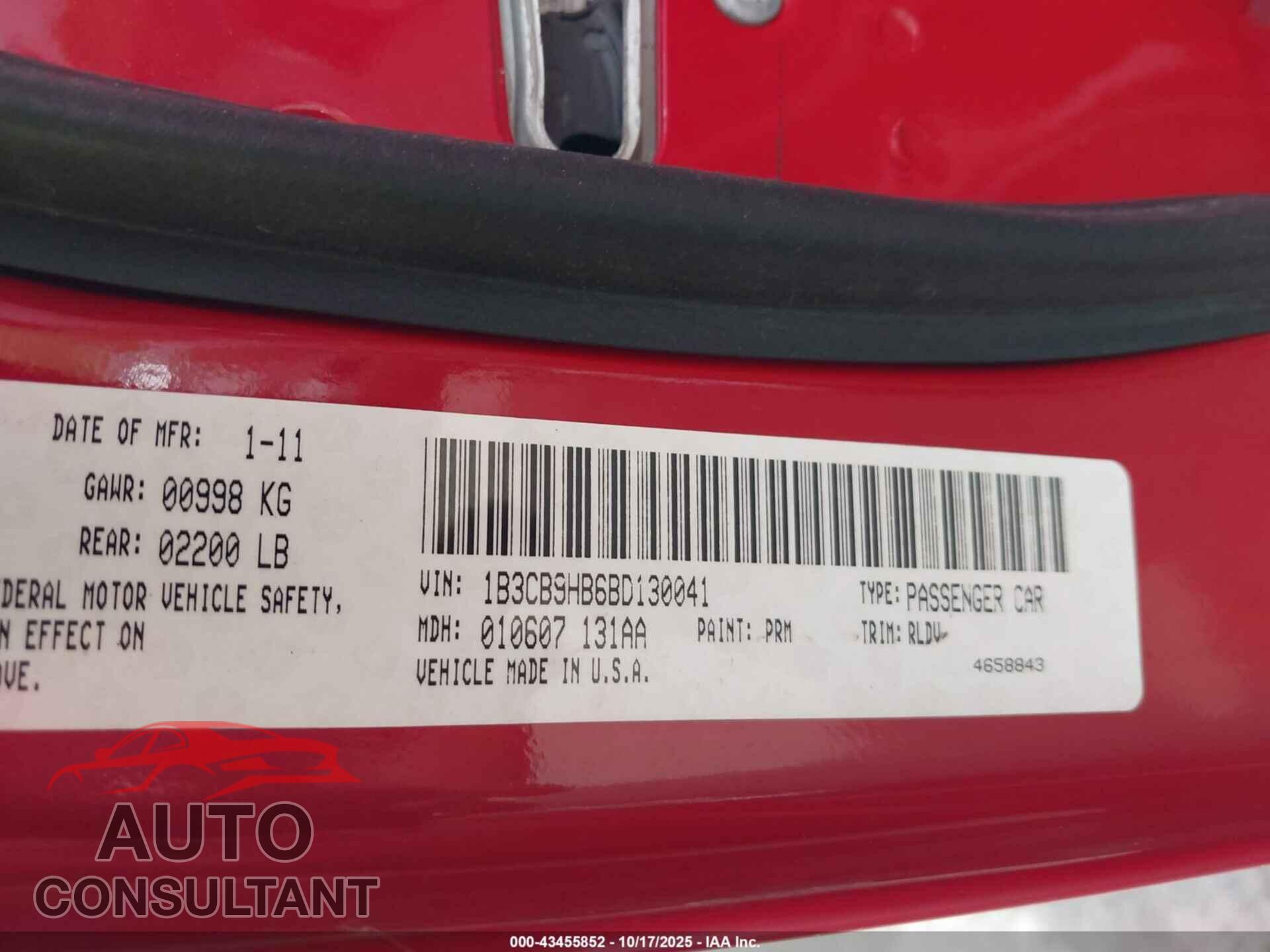 DODGE CALIBER 2011 - 1B3CB9HB6BD130041