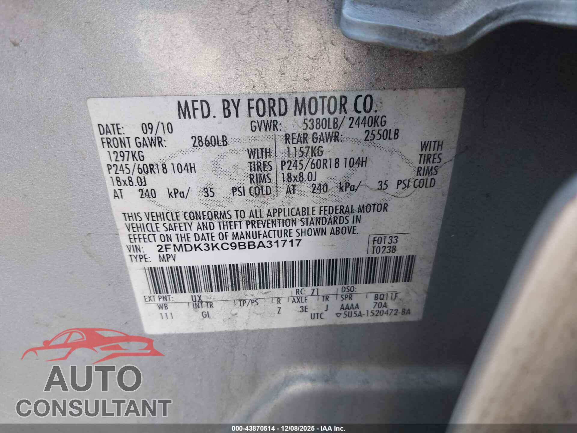 FORD EDGE 2011 - 2FMDK3KC9BBA31717