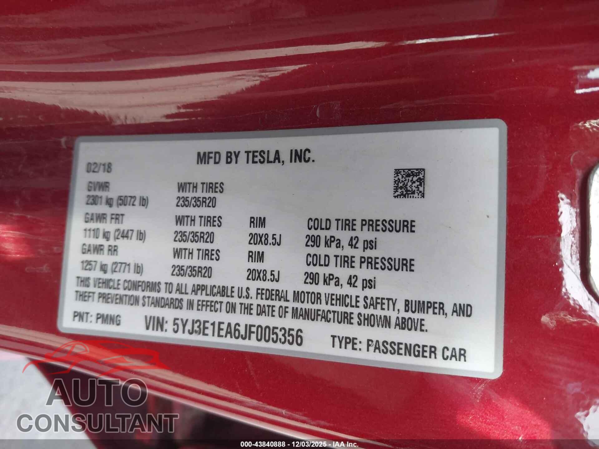 TESLA MODEL 3 2018 - 5YJ3E1EA6JF005356