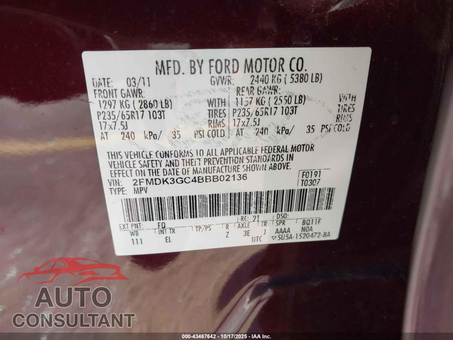 FORD EDGE 2011 - 2FMDK3GC4BBB02136