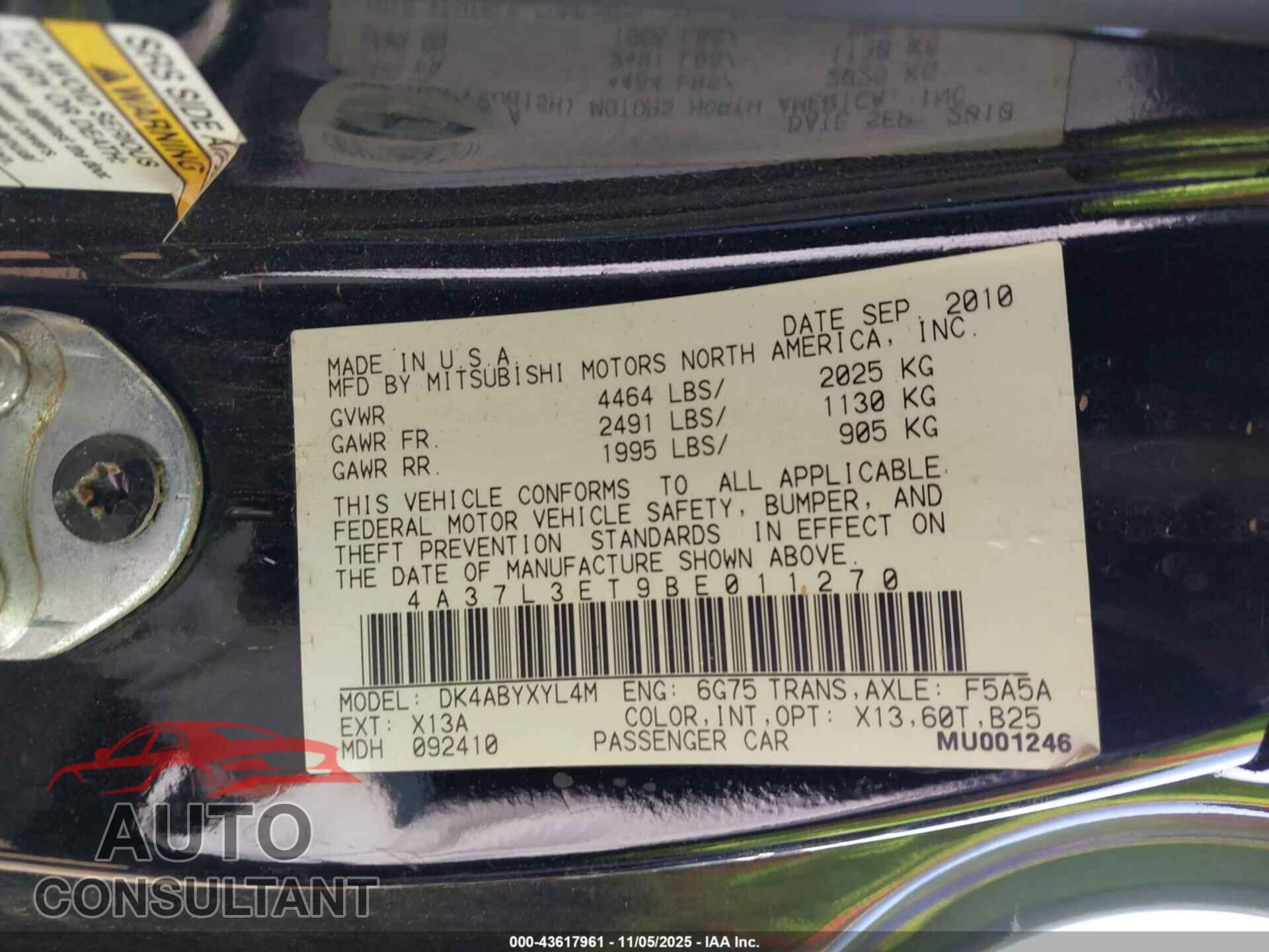 MITSUBISHI ECLIPSE SPYDER 2011 - 4A37L3ET9BE011270