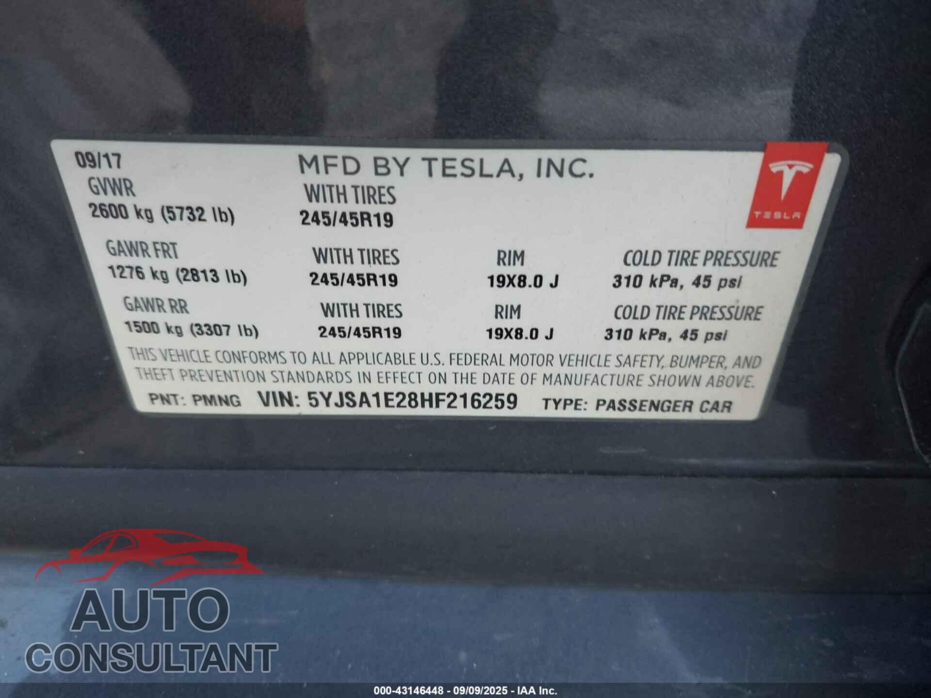TESLA MODEL S 2017 - 5YJSA1E28HF216259