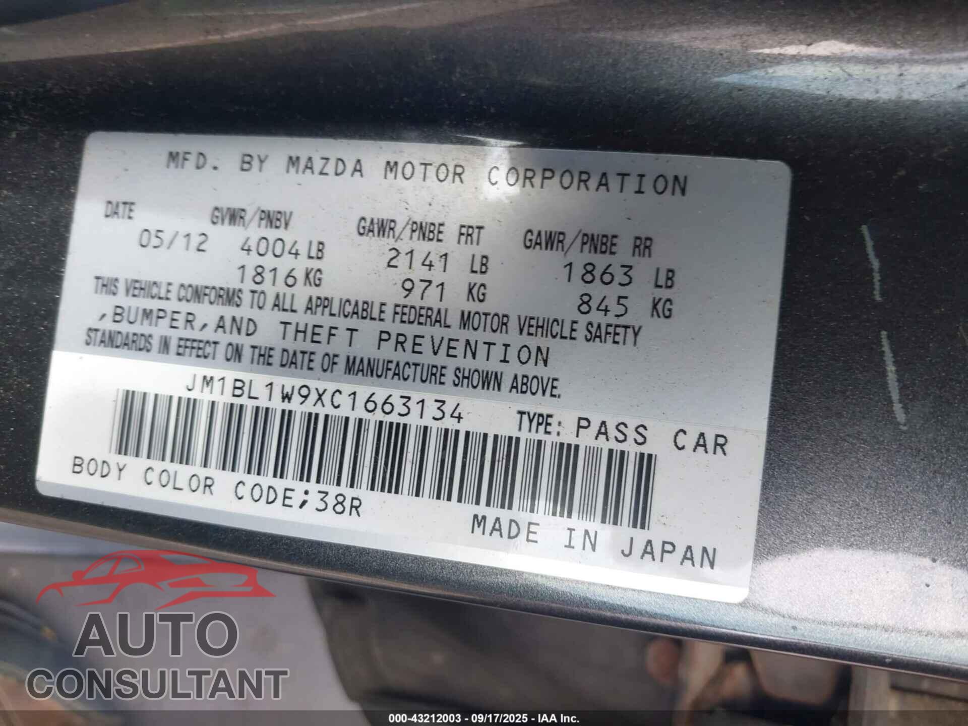 MAZDA MAZDA3 2012 - JM1BL1W9XC1663134