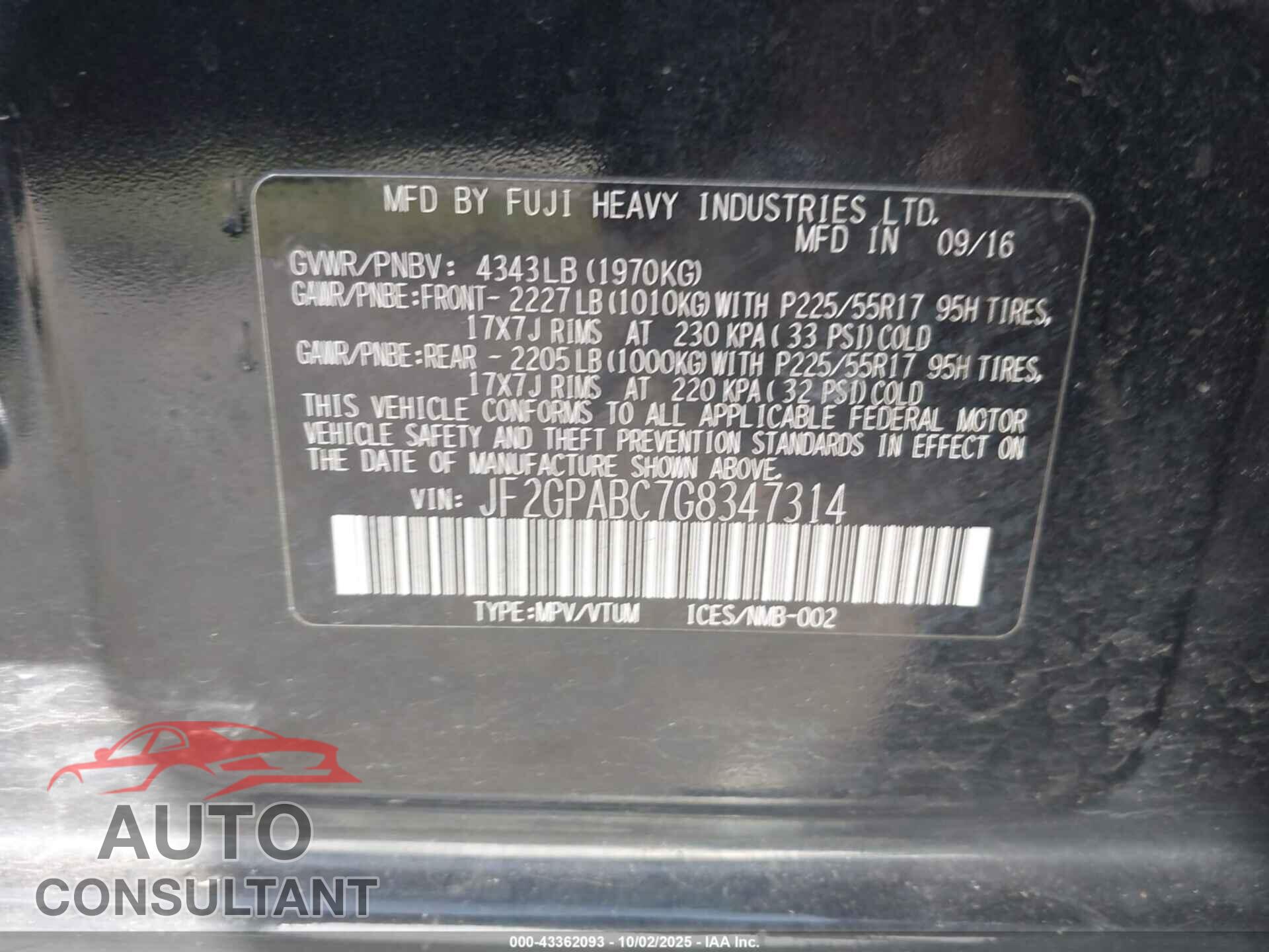 SUBARU CROSSTREK 2016 - JF2GPABC7G8347314