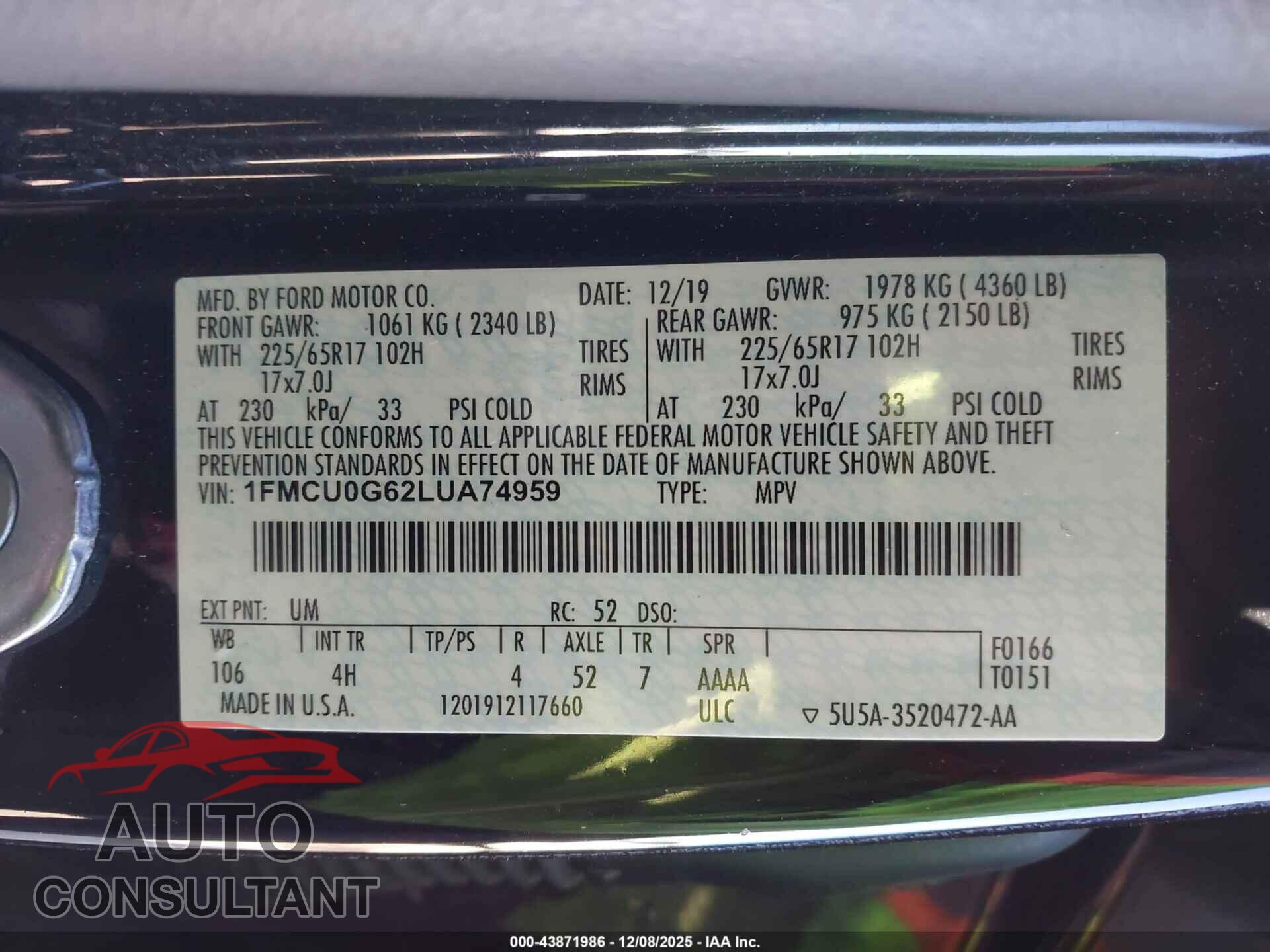 FORD ESCAPE 2020 - 1FMCU0G62LUA74959
