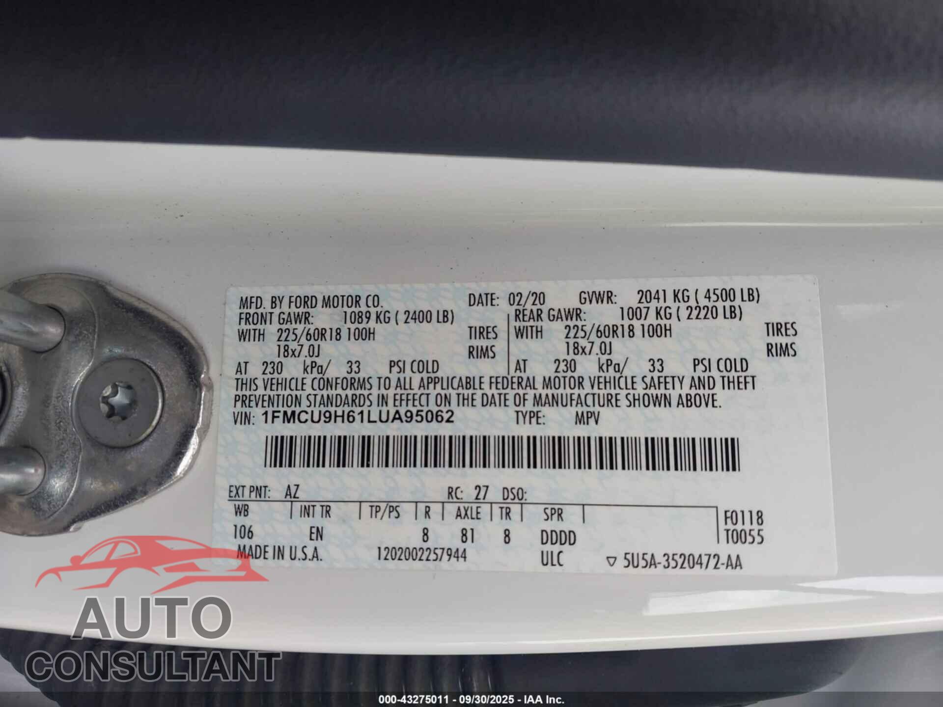 FORD ESCAPE 2020 - 1FMCU9H61LUA95062
