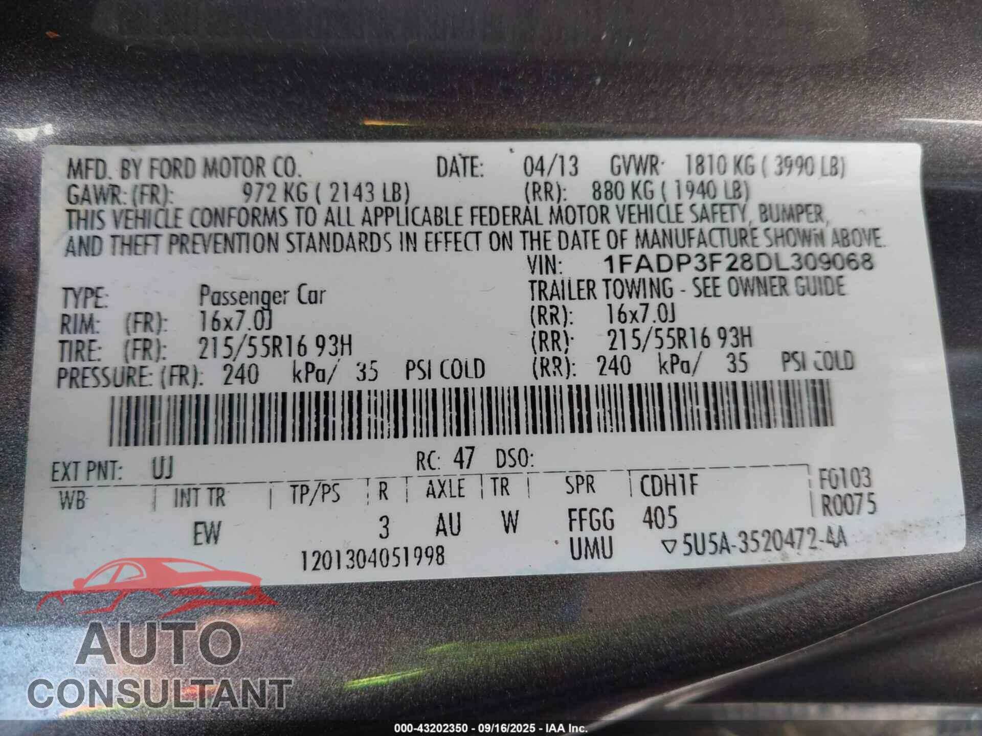 FORD FOCUS 2013 - 1FADP3F28DL309068