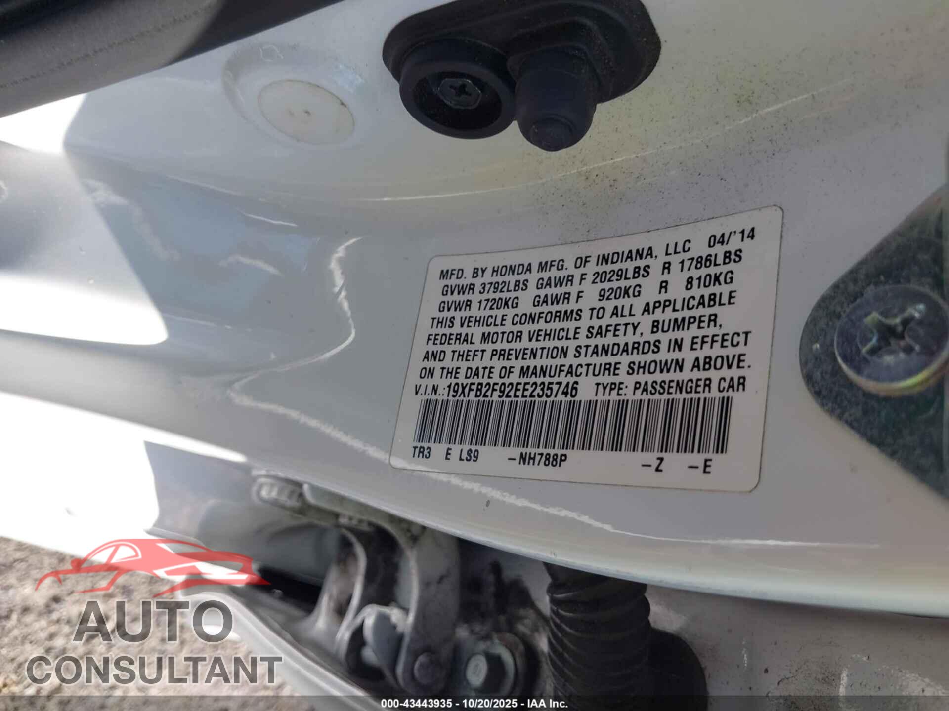 HONDA CIVIC 2014 - 19XFB2F92EE235746