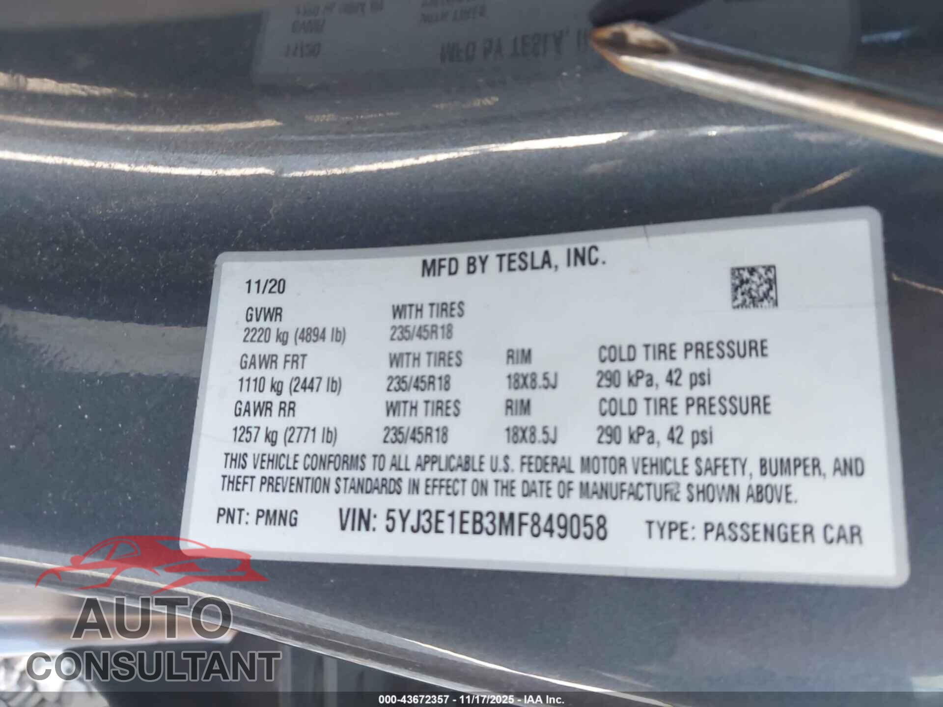 TESLA MODEL 3 2021 - 5YJ3E1EB3MF849058