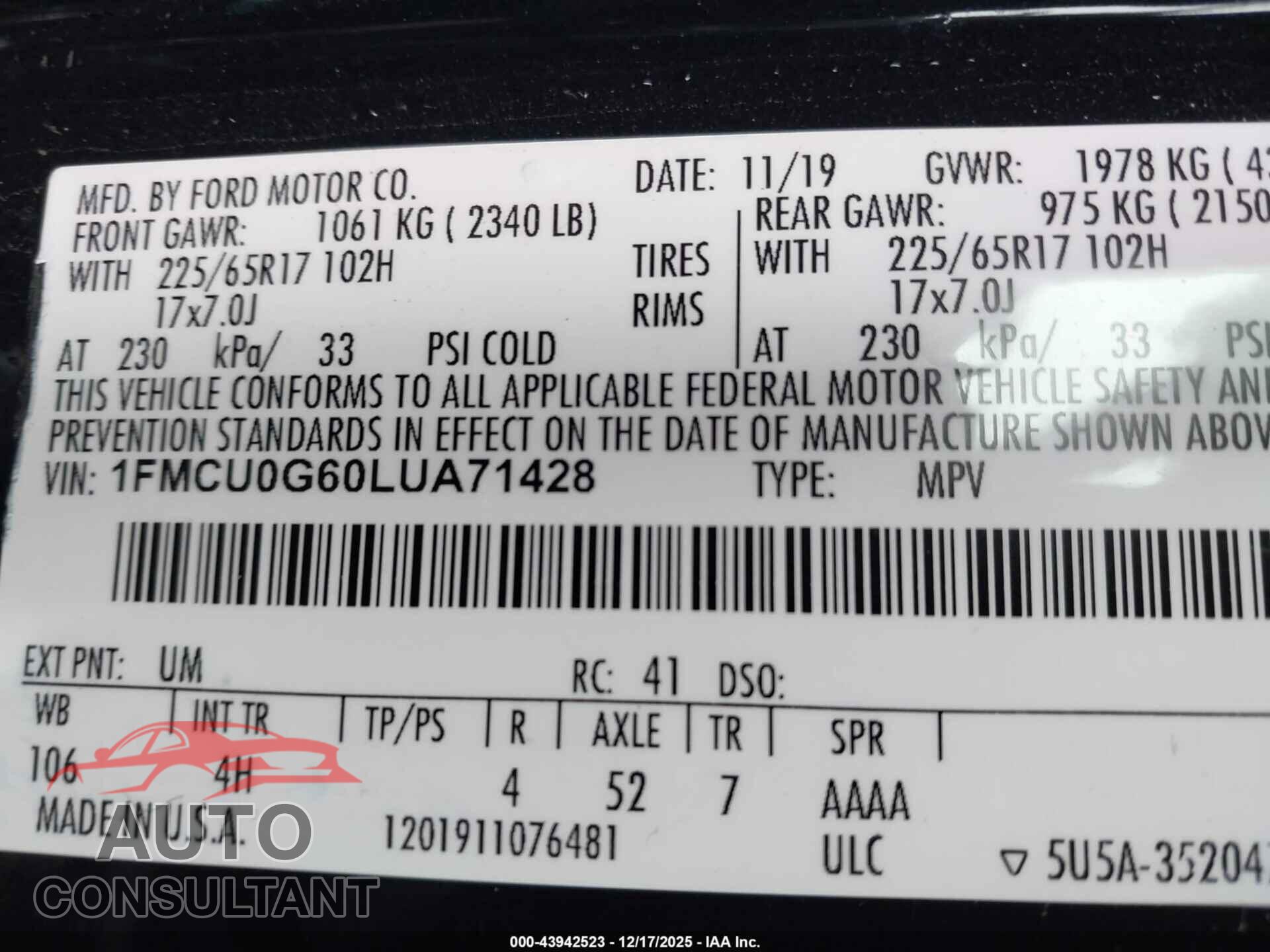 FORD ESCAPE 2020 - 1FMCU0G60LUA71428