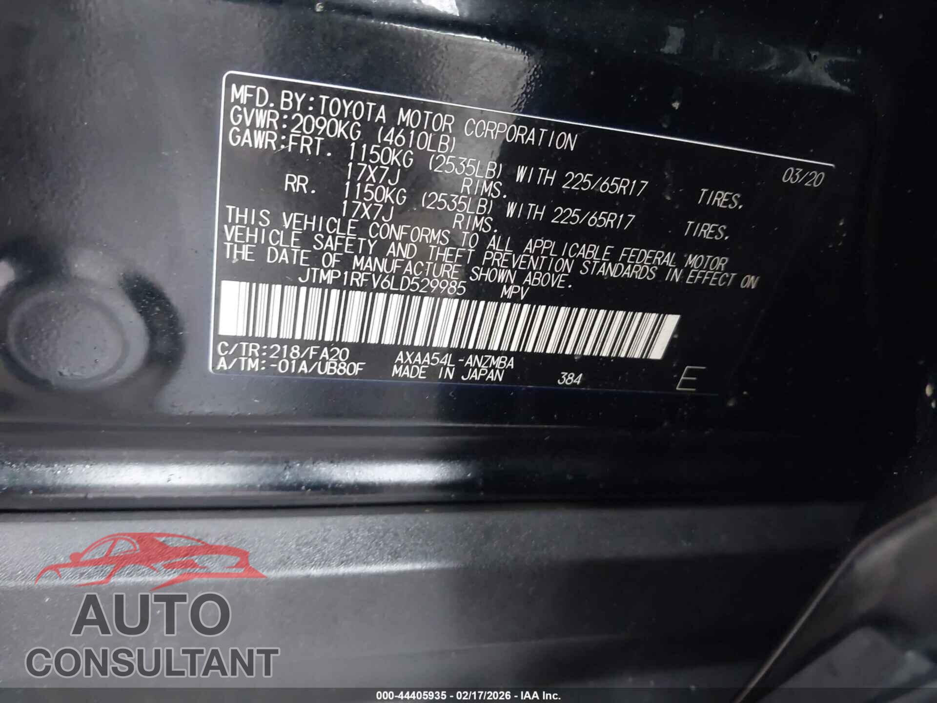 TOYOTA RAV4 2020 - JTMP1RFV6LD529985