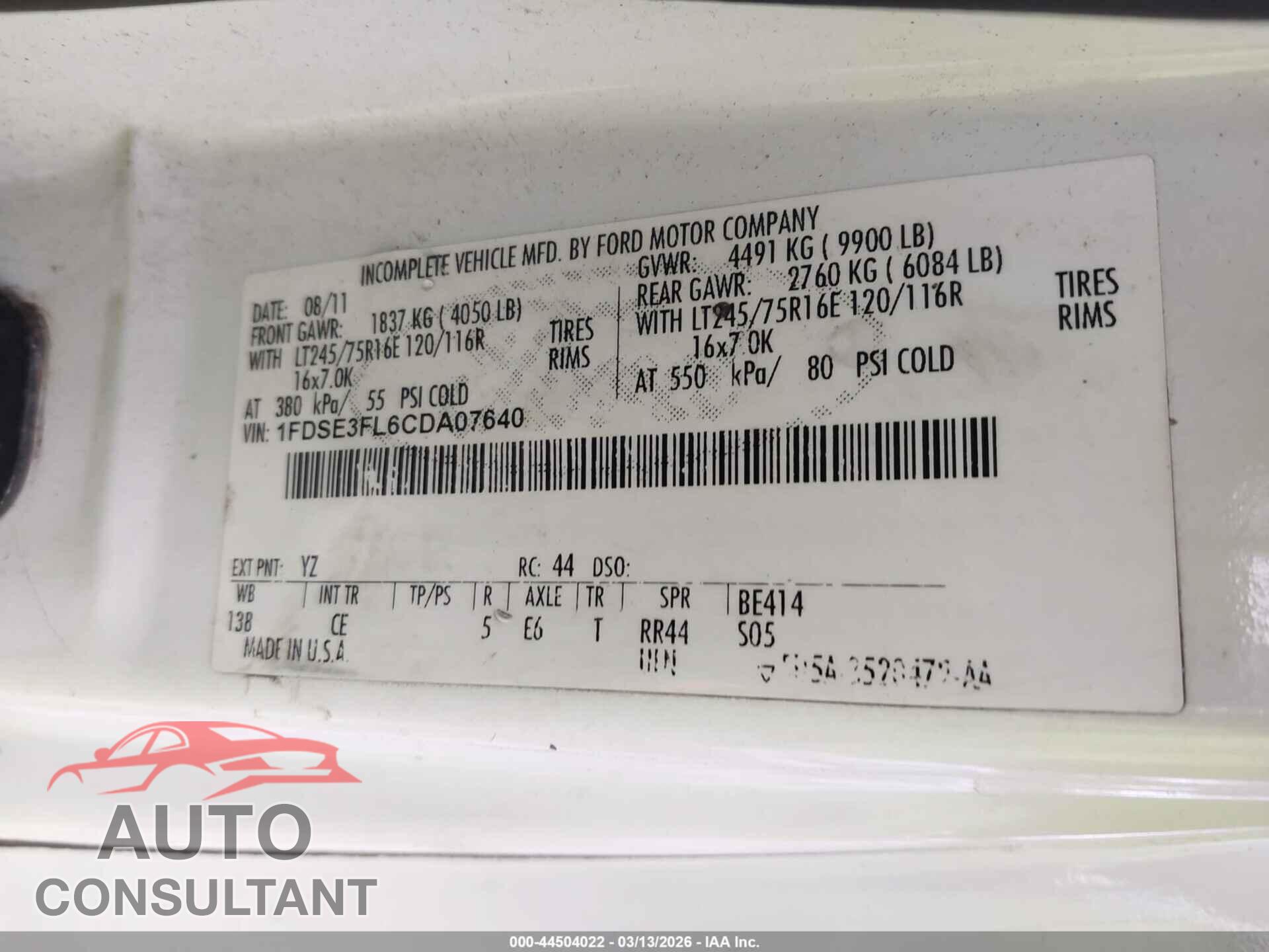 FORD E-350 CUTAWAY 2012 - 1FDSE3FL6CDA07640