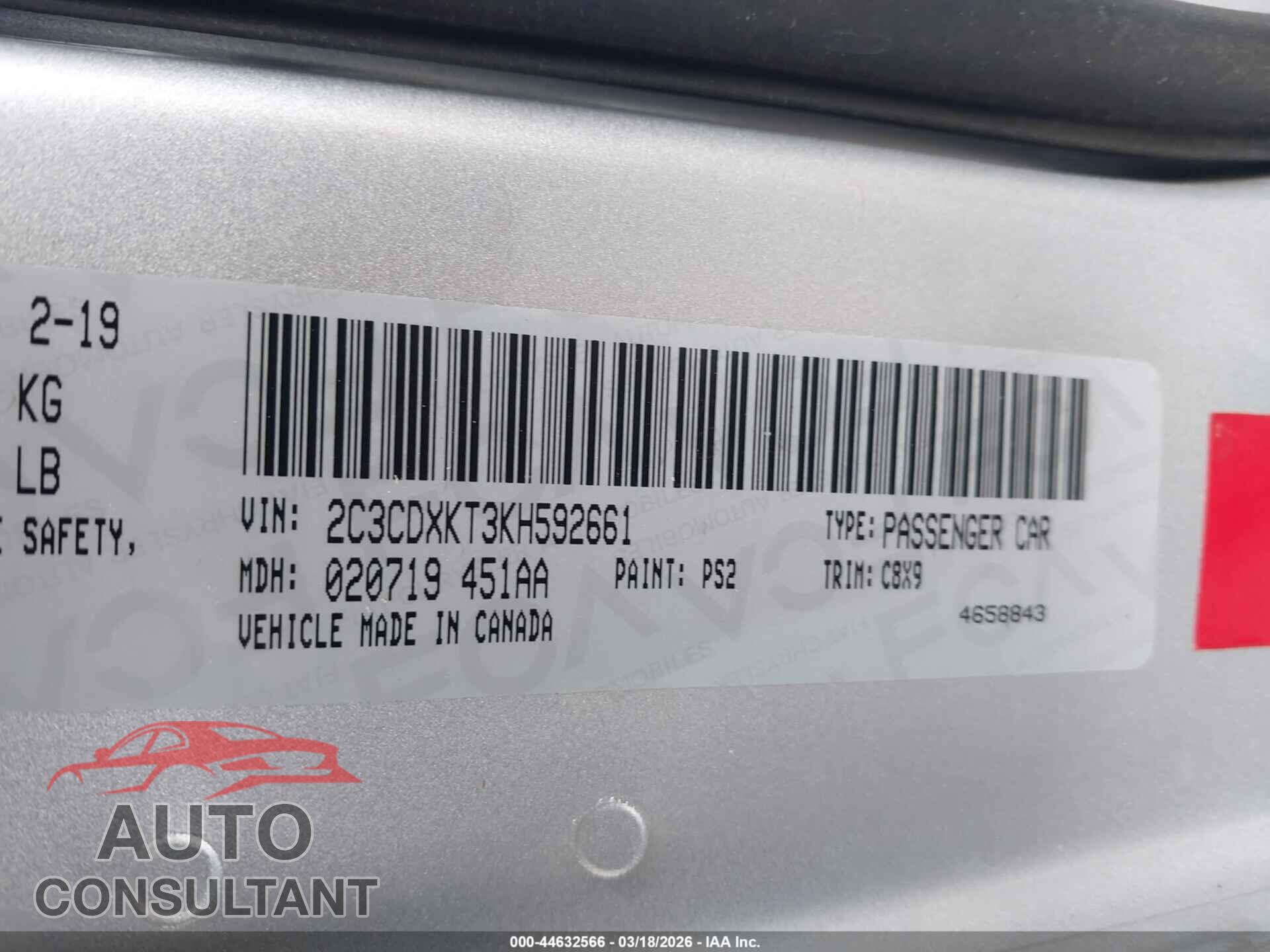 DODGE CHARGER 2019 - 2C3CDXKT3KH592661