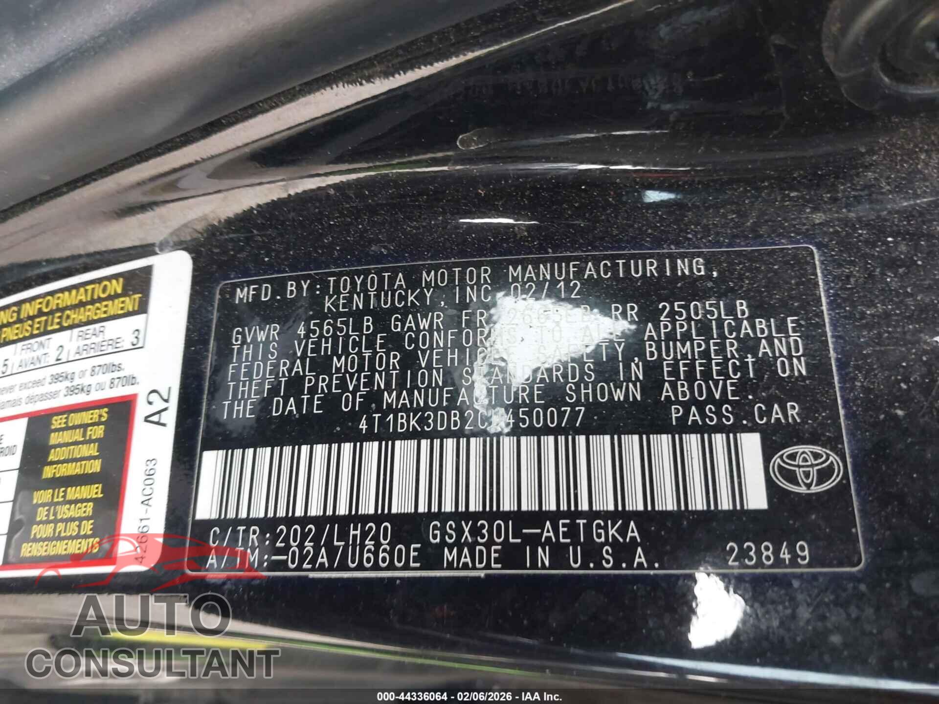 TOYOTA AVALON 2012 - 4T1BK3DB2CU450077