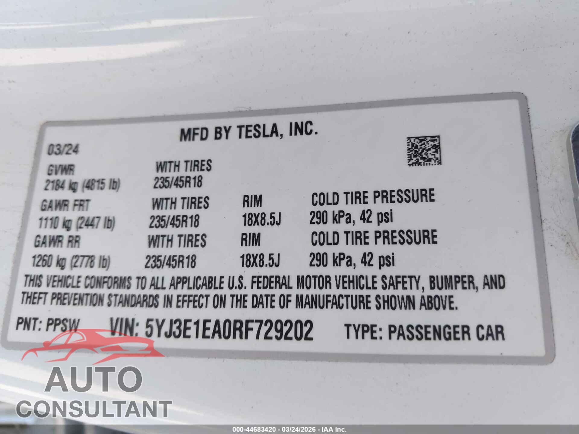 TESLA MODEL 3 2024 - 5YJ3E1EA0RF729202
