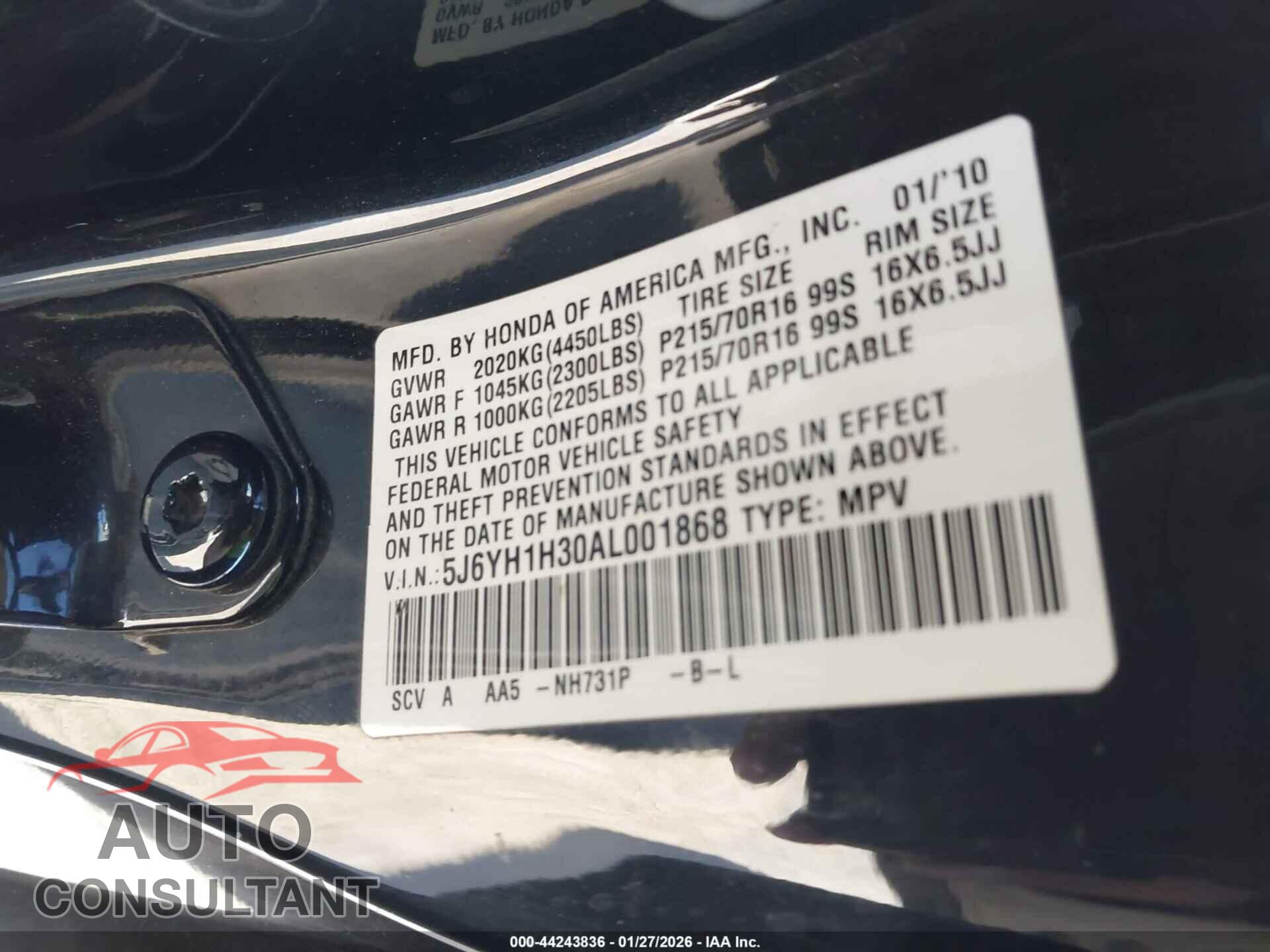 HONDA ELEMENT 2010 - 5J6YH1H30AL001868