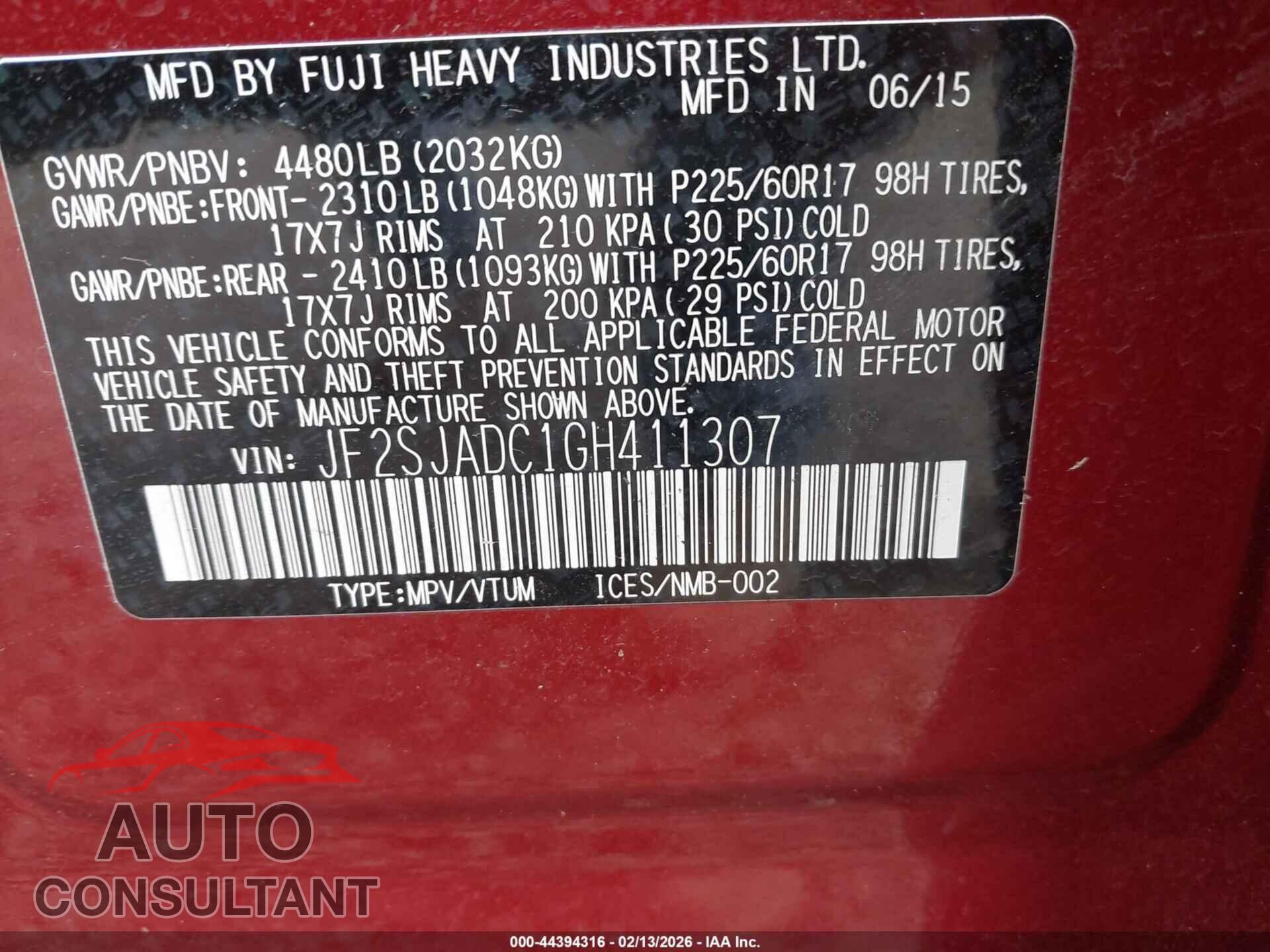 SUBARU FORESTER 2016 - JF2SJADC1GH411307