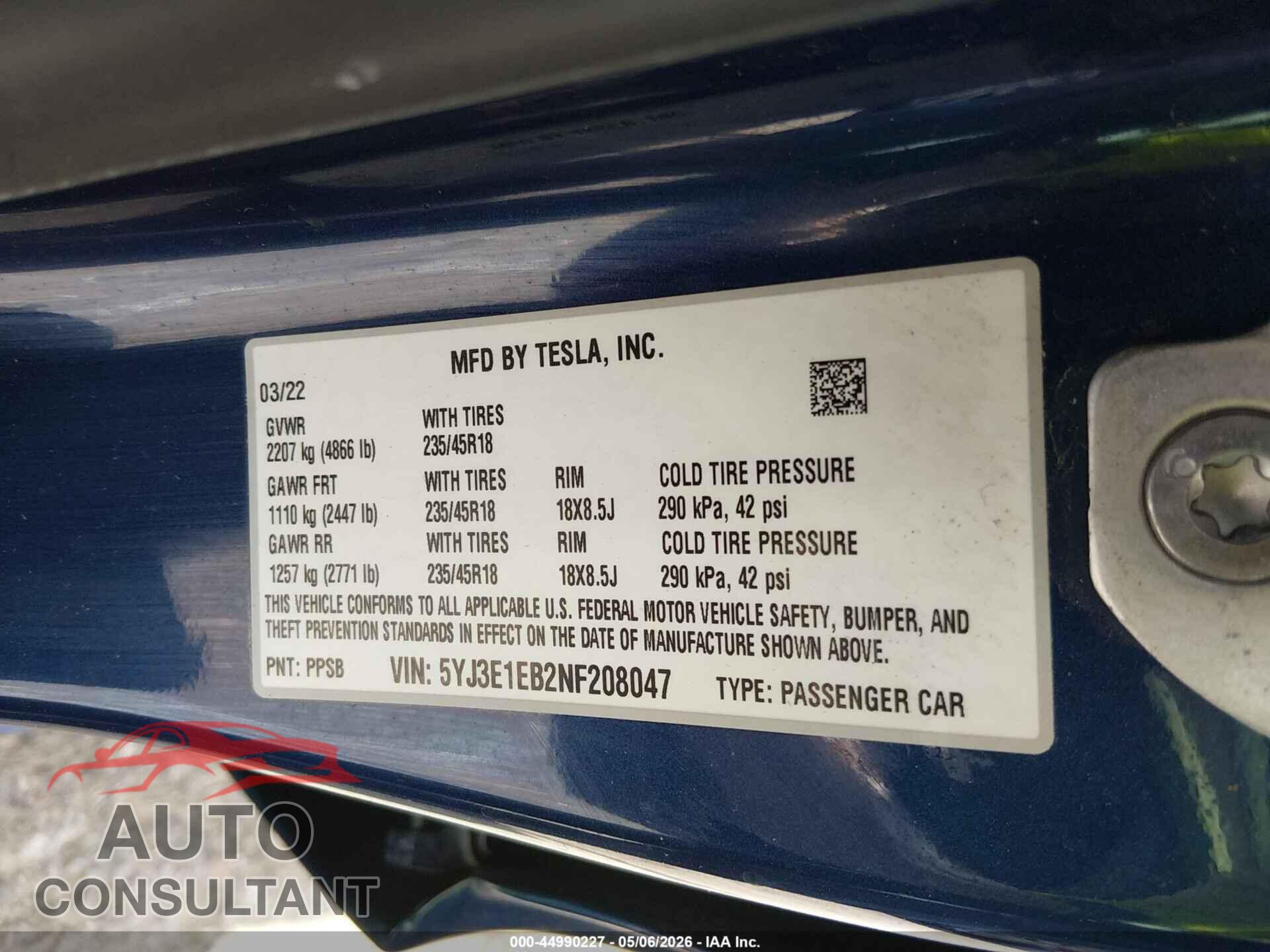 TESLA MODEL 3 2022 - 5YJ3E1EB2NF208047