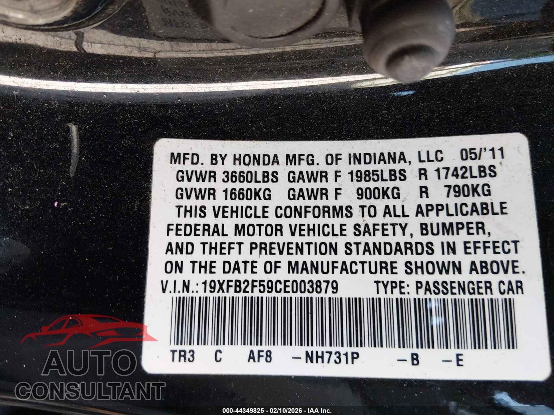 HONDA CIVIC 2012 - 19XFB2F59CE003879