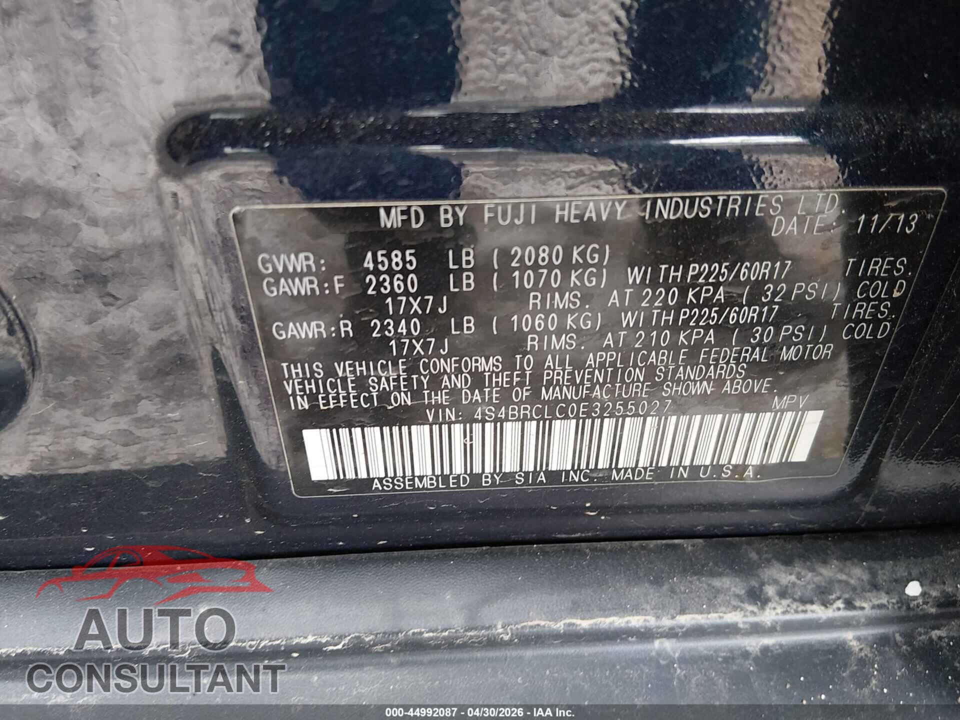 SUBARU OUTBACK 2014 - 4S4BRCLC0E3255027