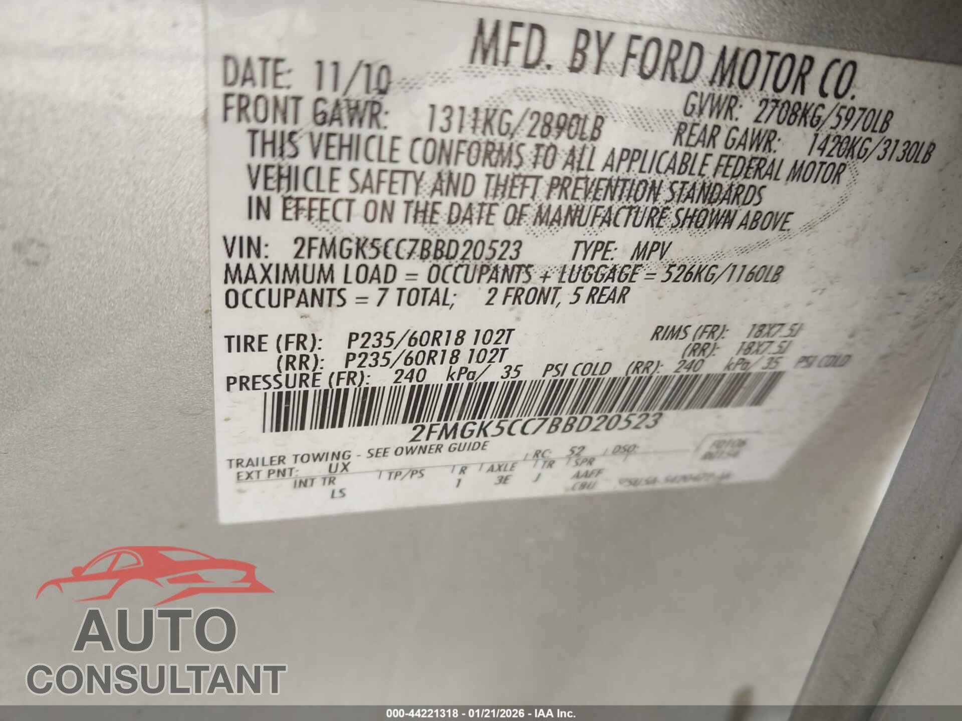 FORD FLEX 2011 - 2FMGK5CC7BBD20523