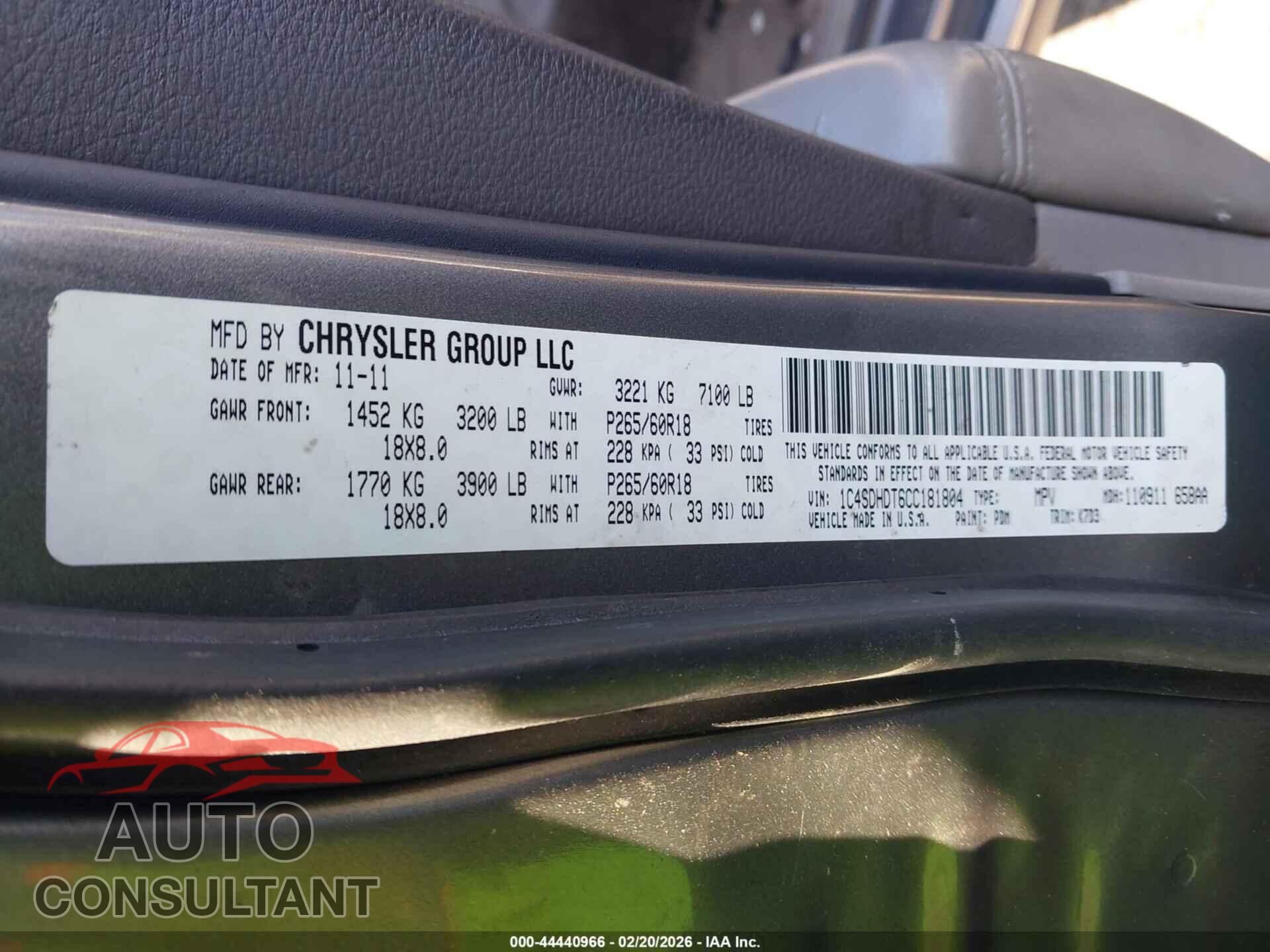 DODGE DURANGO 2012 - 1C4SDHDT6CC181804