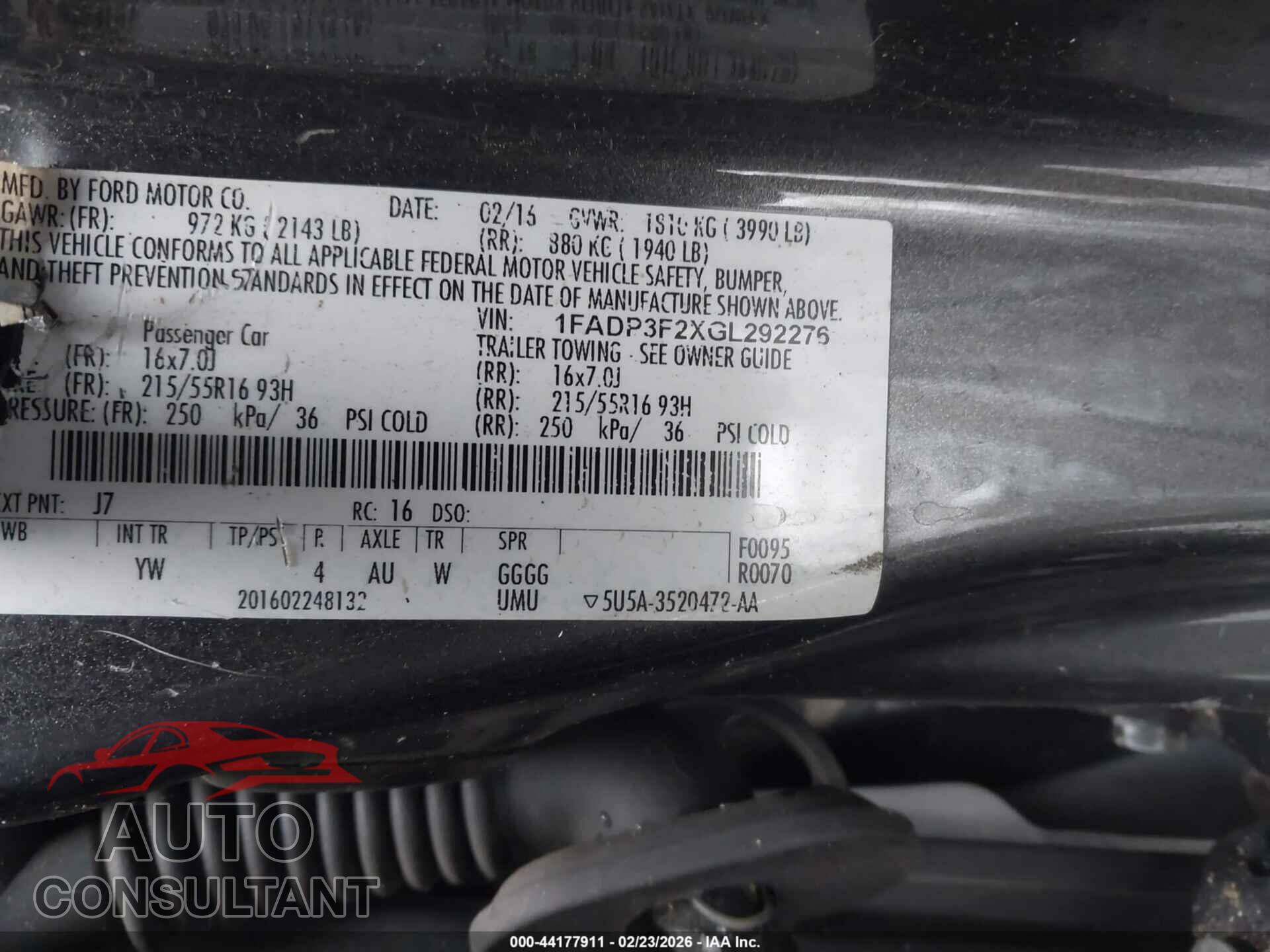 FORD FOCUS 2016 - 1FADP3F2XGL292276