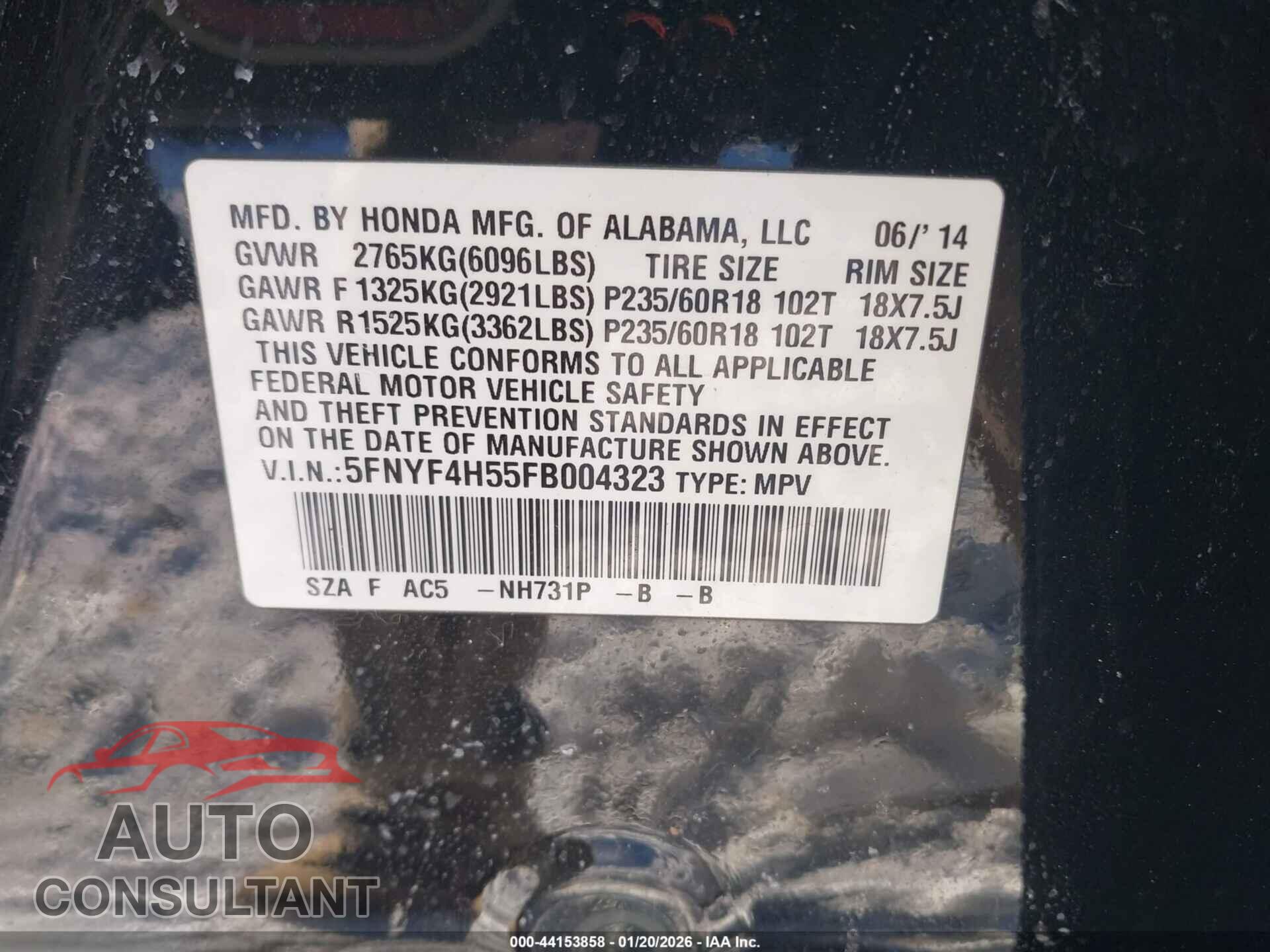 HONDA PILOT 2015 - 5FNYF4H55FB004323