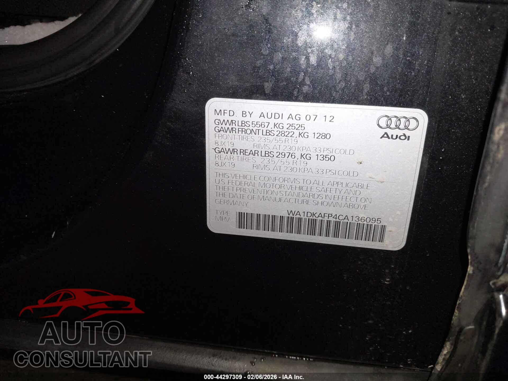 AUDI Q5 2012 - WA1DKAFP4CA136095