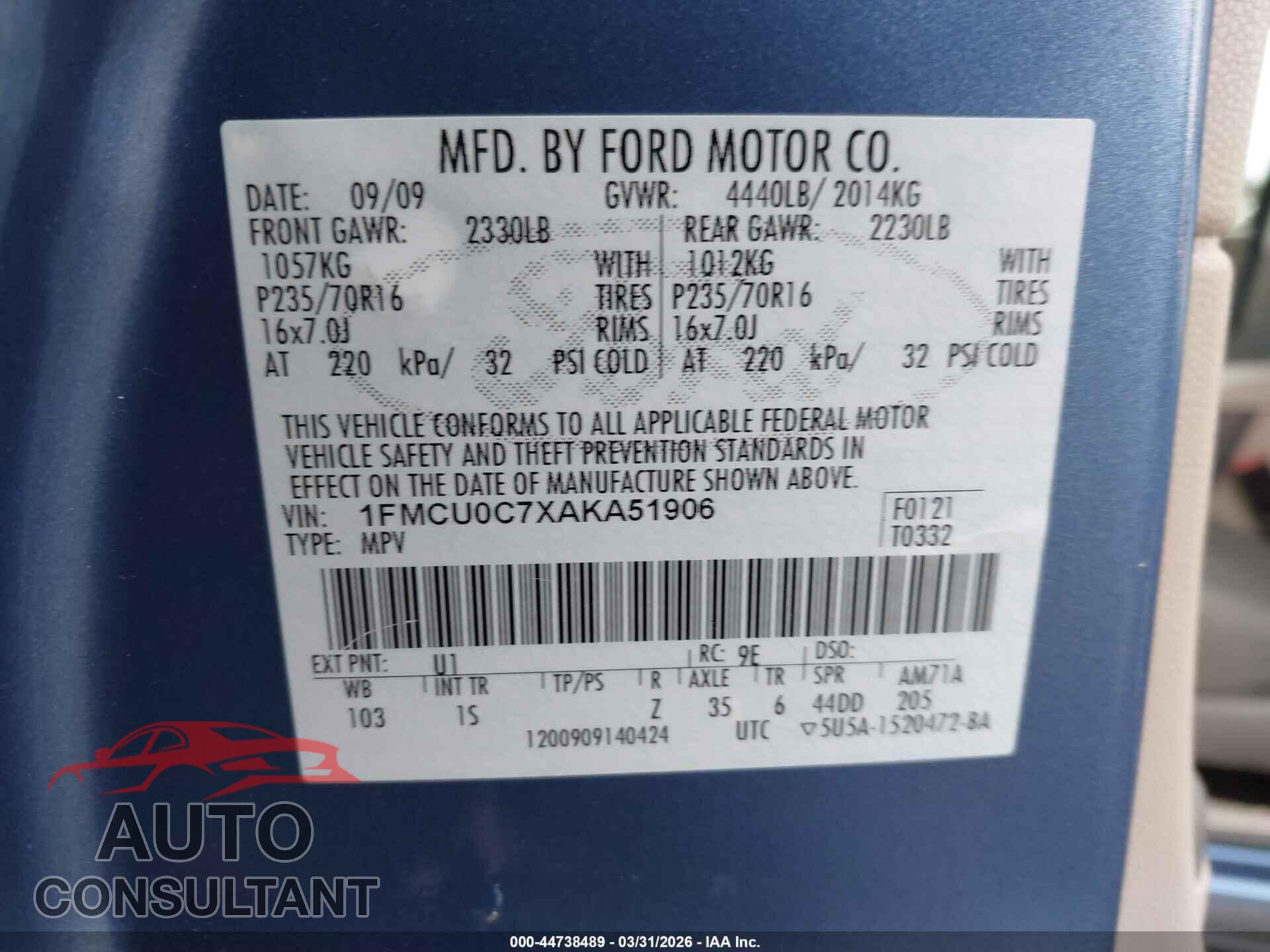 FORD ESCAPE 2010 - 1FMCU0C7XAKA51906