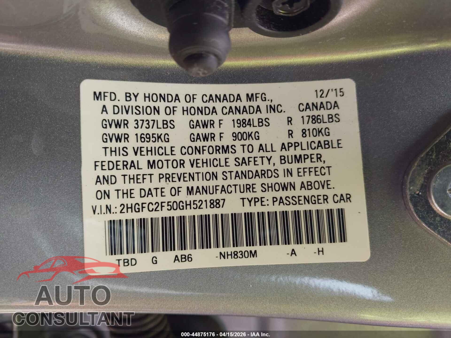 HONDA CIVIC 2016 - 2HGFC2F50GH521887
