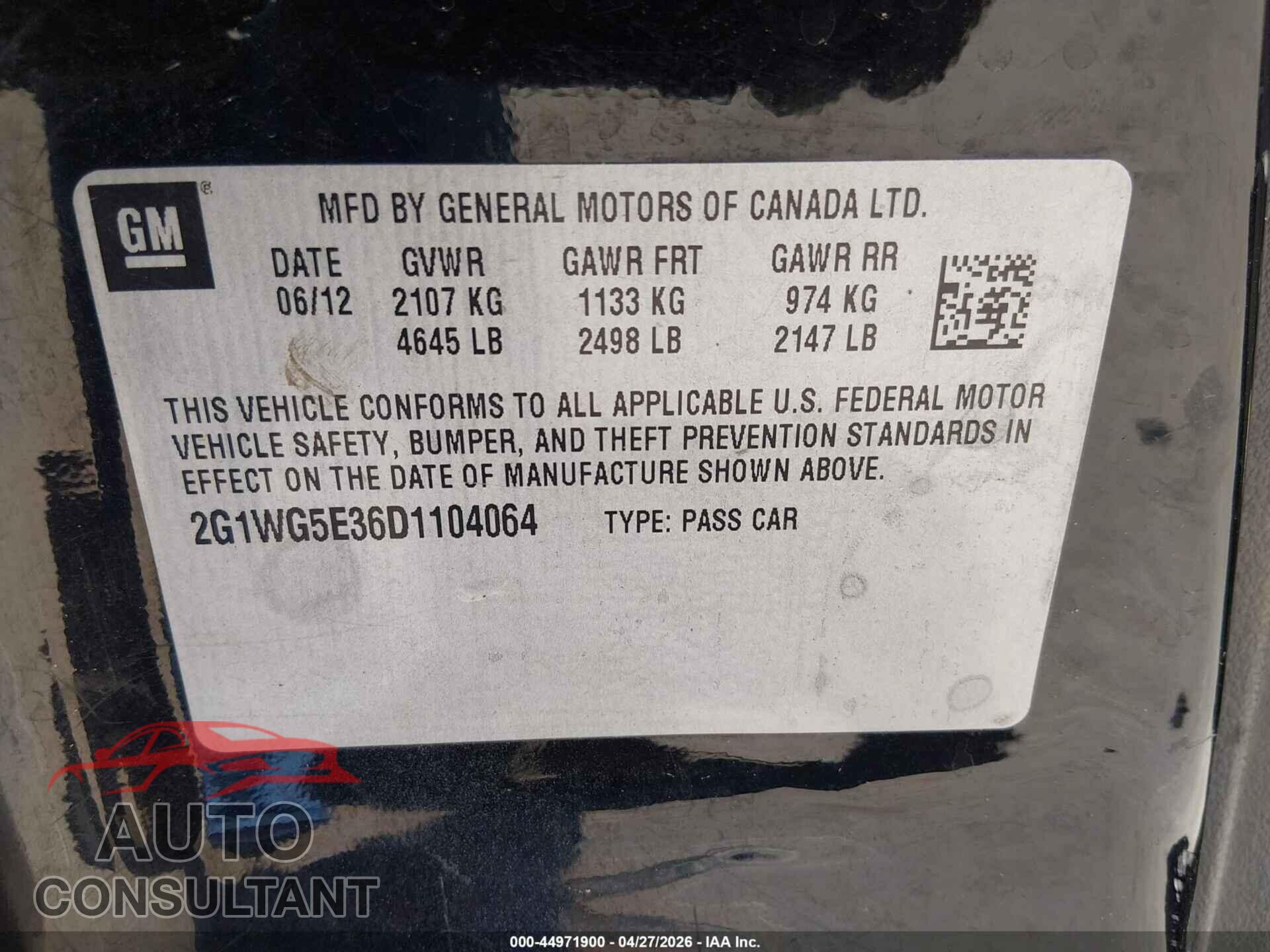 CHEVROLET IMPALA 2013 - 2G1WG5E36D1104064