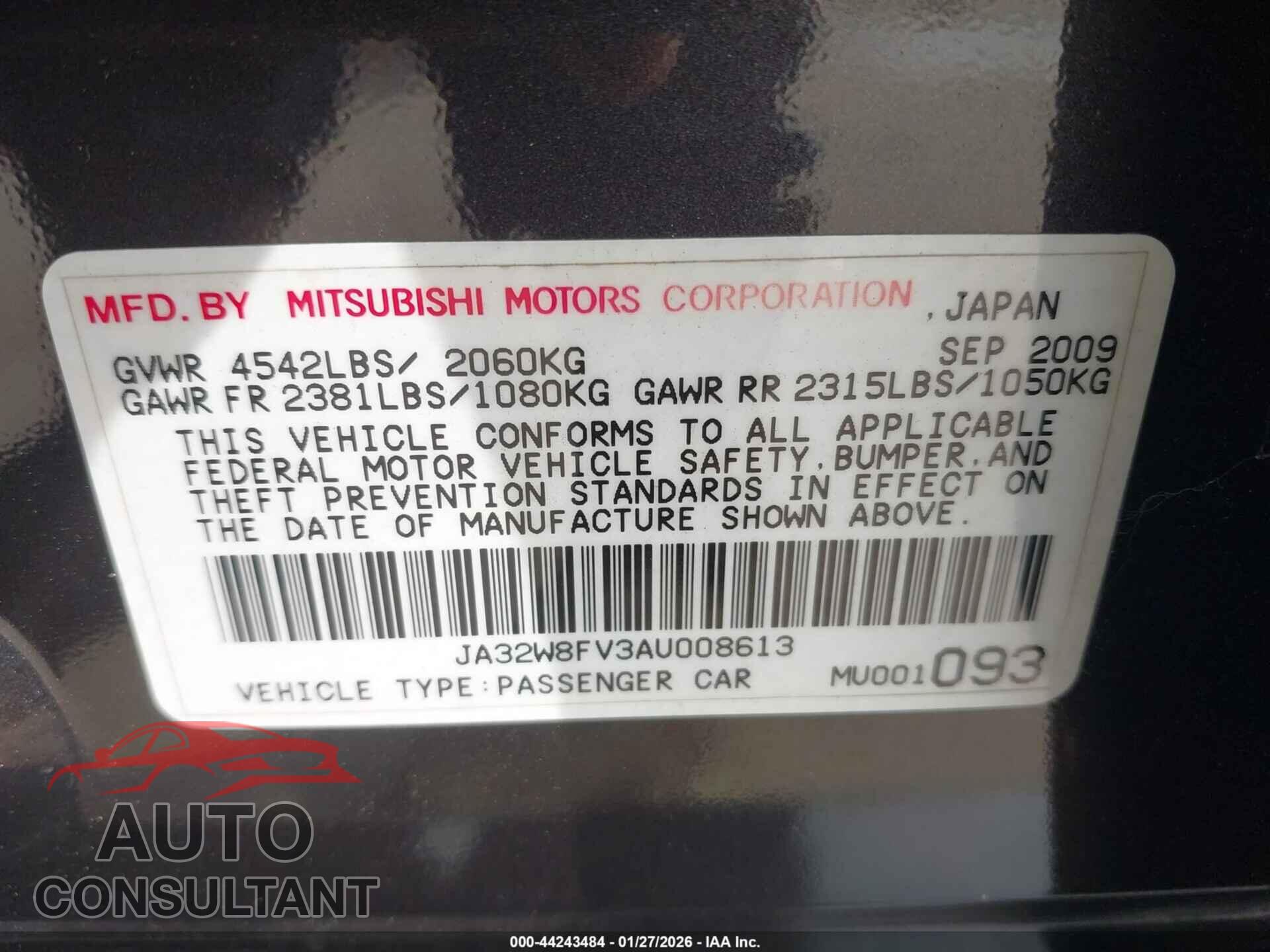 MITSUBISHI LANCER EVOLUTION 2010 - JA32W8FV3AU008613