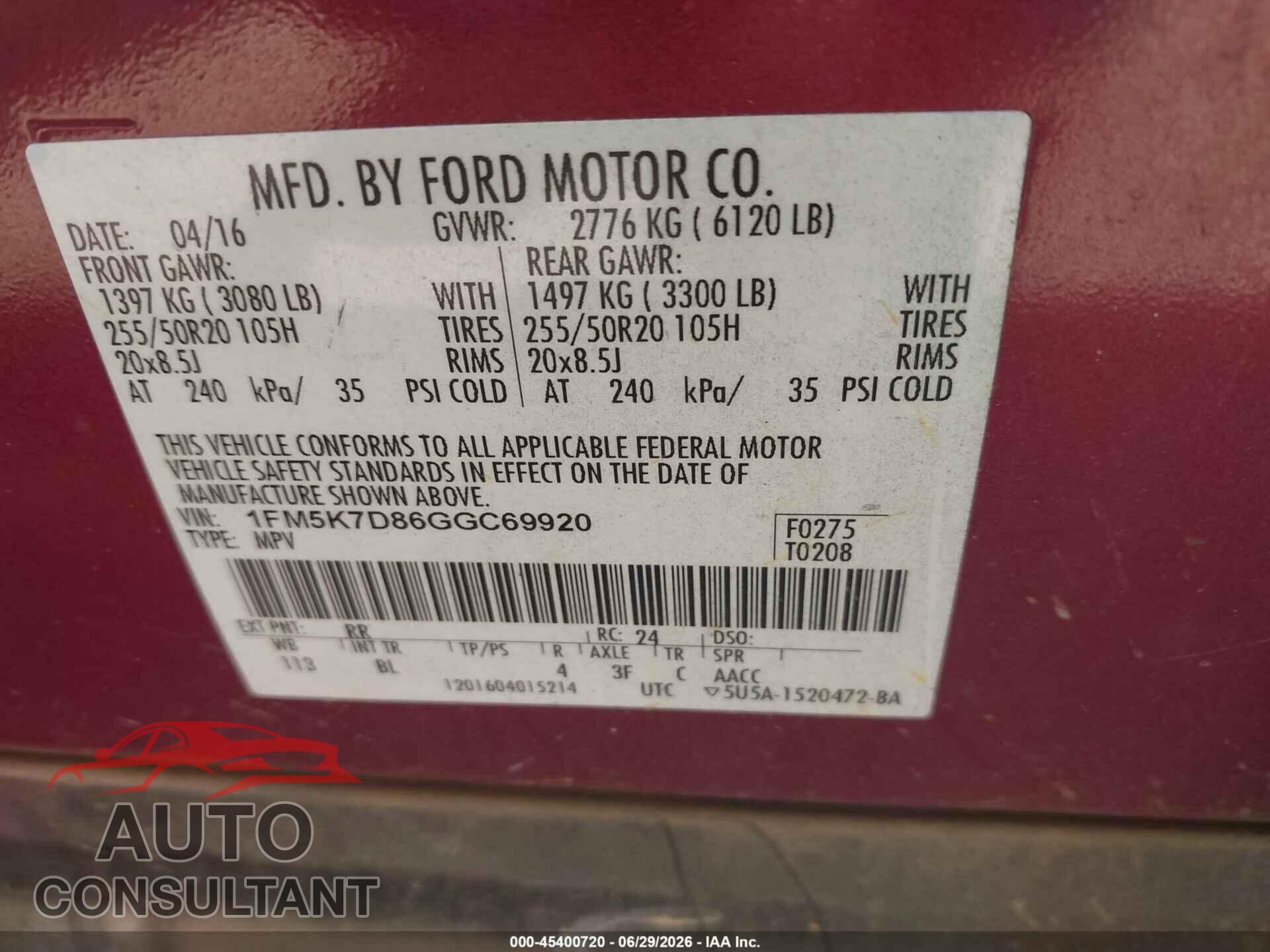 FORD EXPLORER 2016 - 1FM5K7D86GGC69920