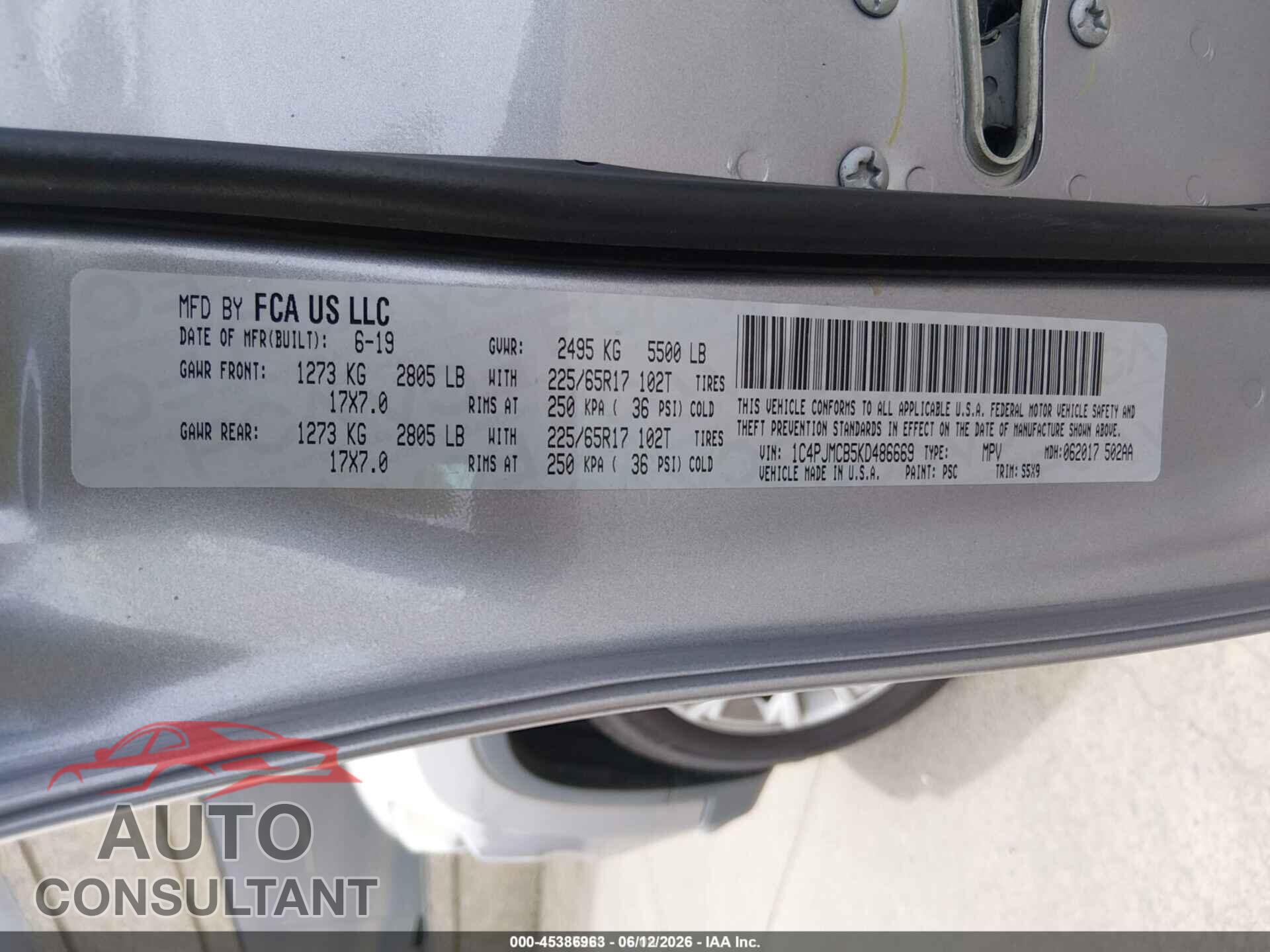 JEEP CHEROKEE 2019 - 1C4PJMCB5KD486669