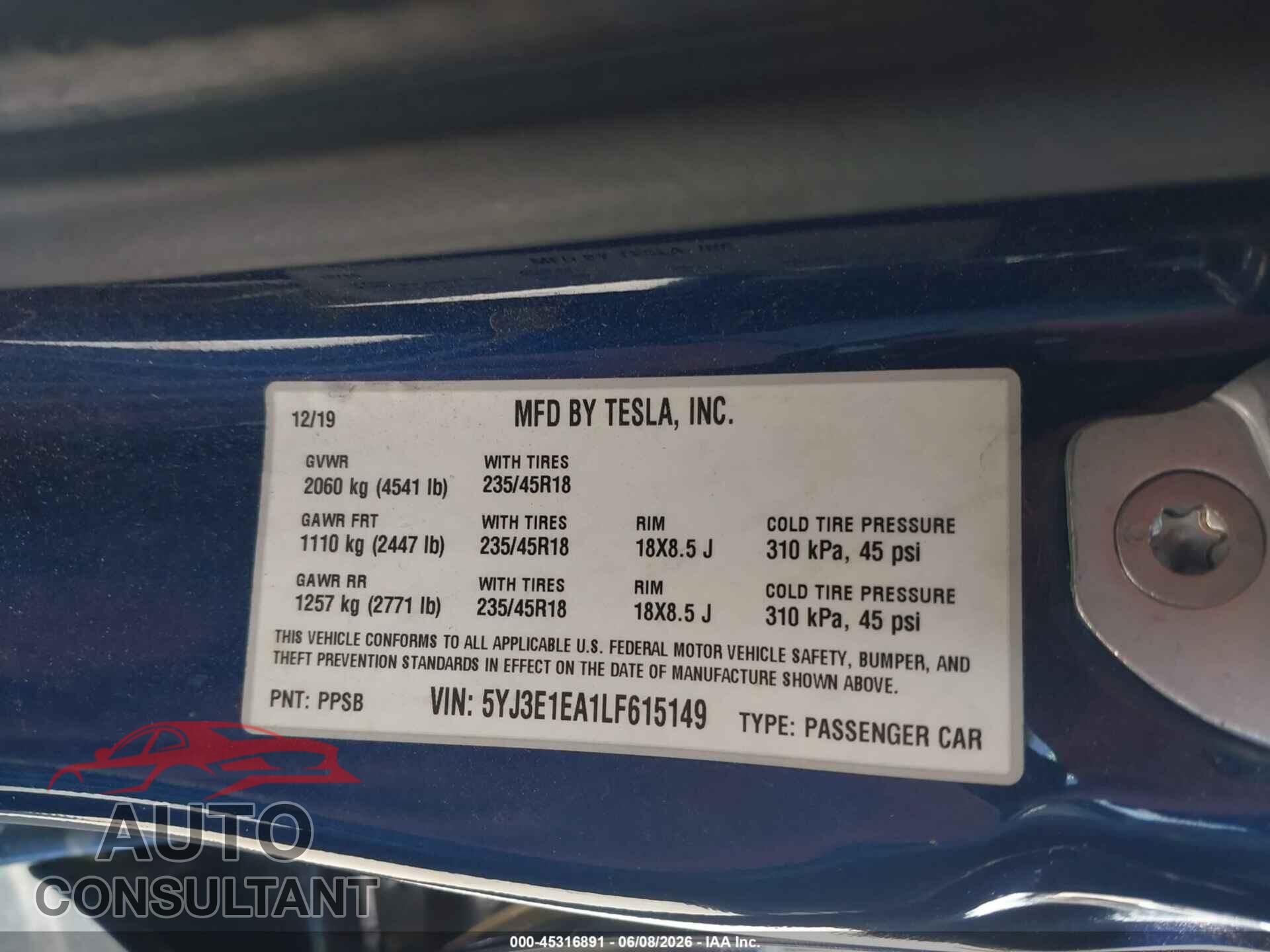 TESLA MODEL 3 2020 - 5YJ3E1EA1LF615149