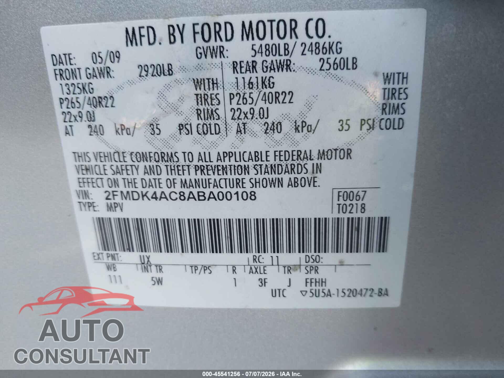 FORD EDGE 2010 - 2FMDK4AC8ABA00108