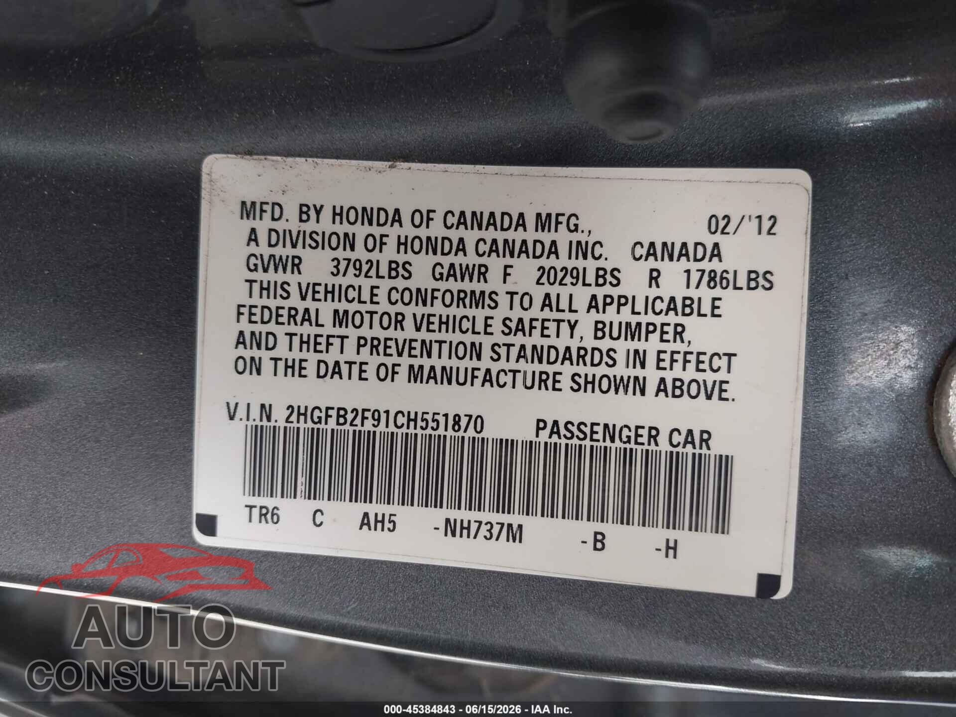 HONDA CIVIC 2012 - 2HGFB2F91CH551870