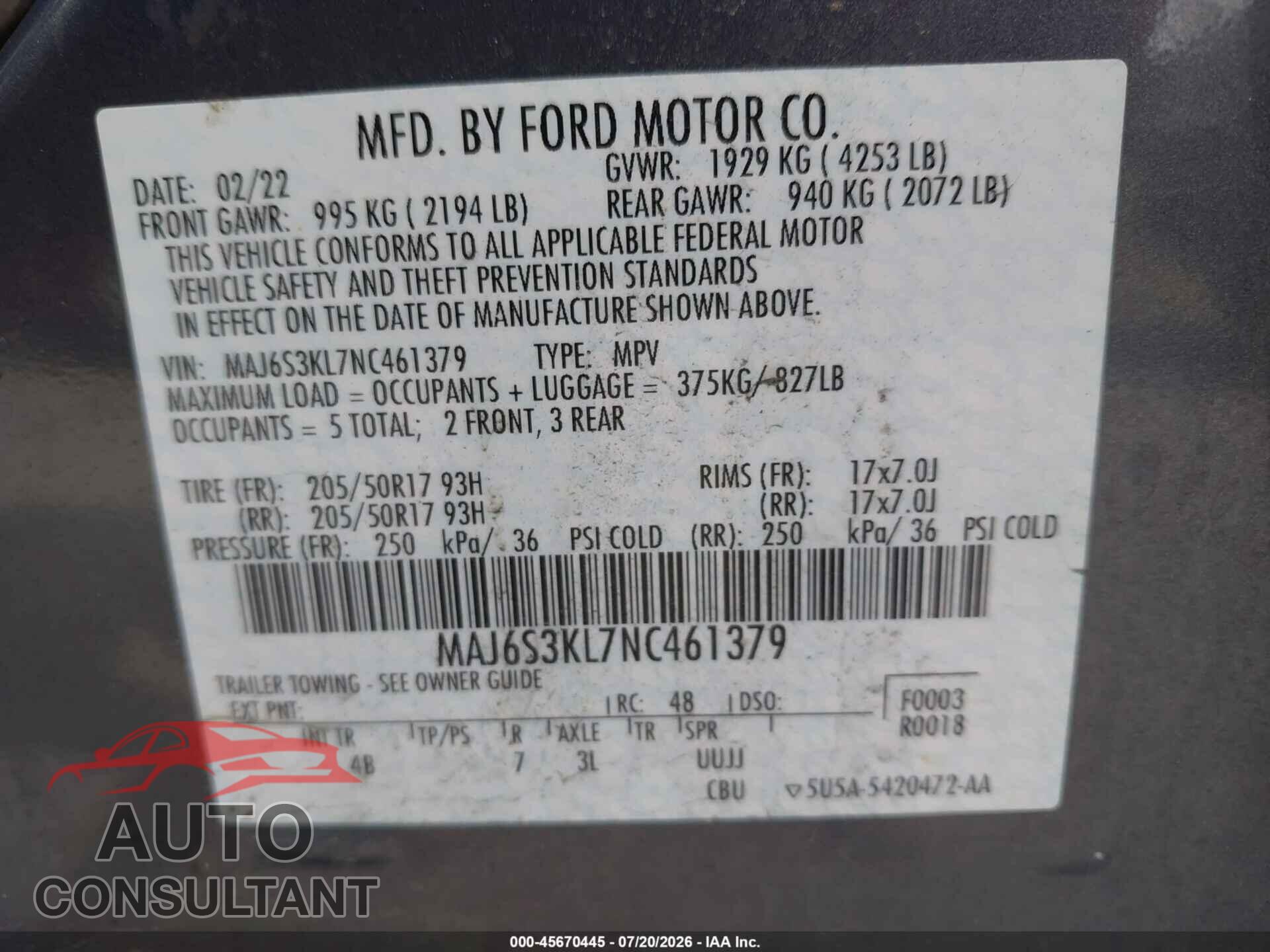 FORD ECOSPORT 2022 - MAJ6S3KL7NC461379