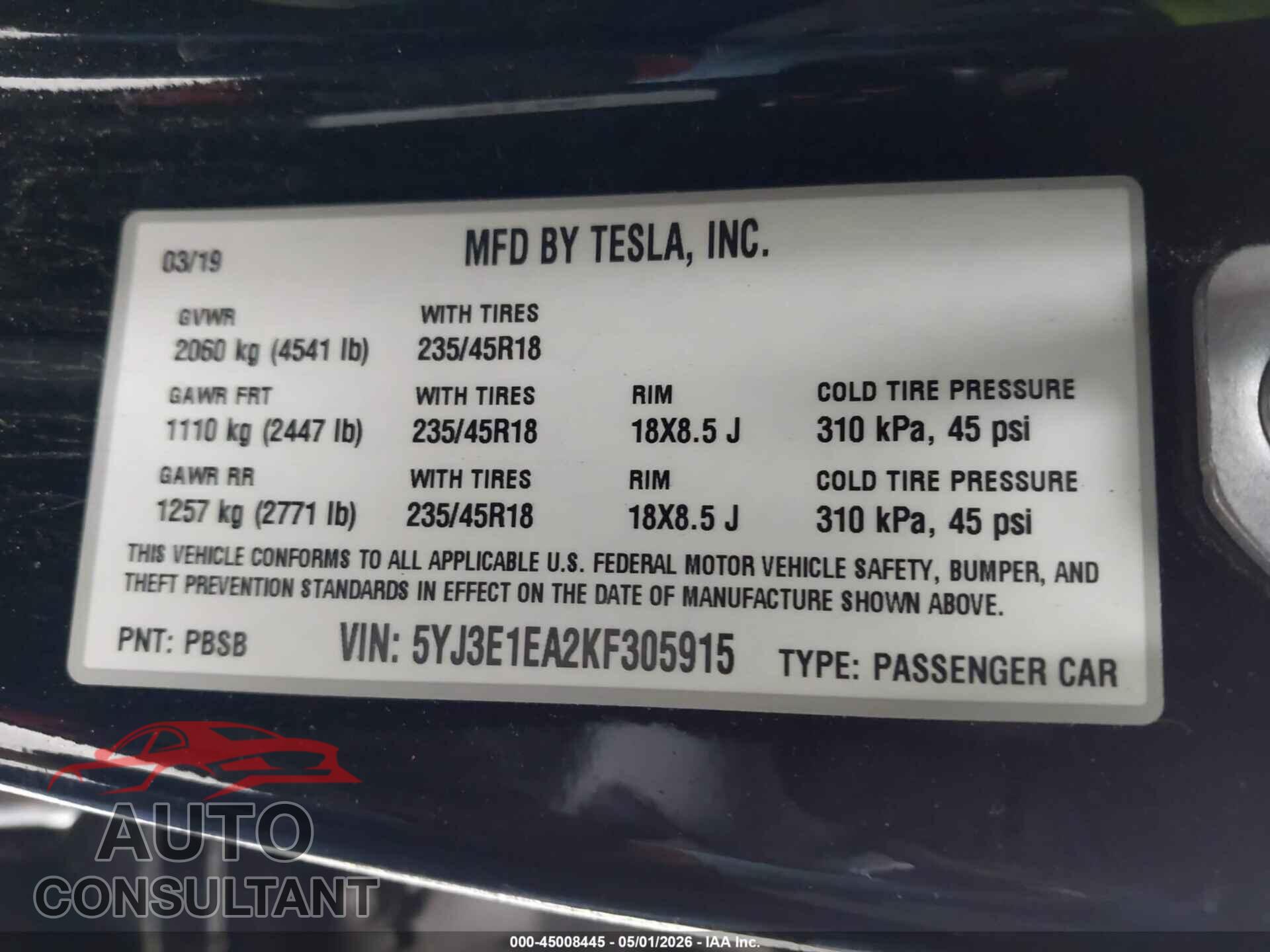 TESLA MODEL 3 2019 - 5YJ3E1EA2KF305915