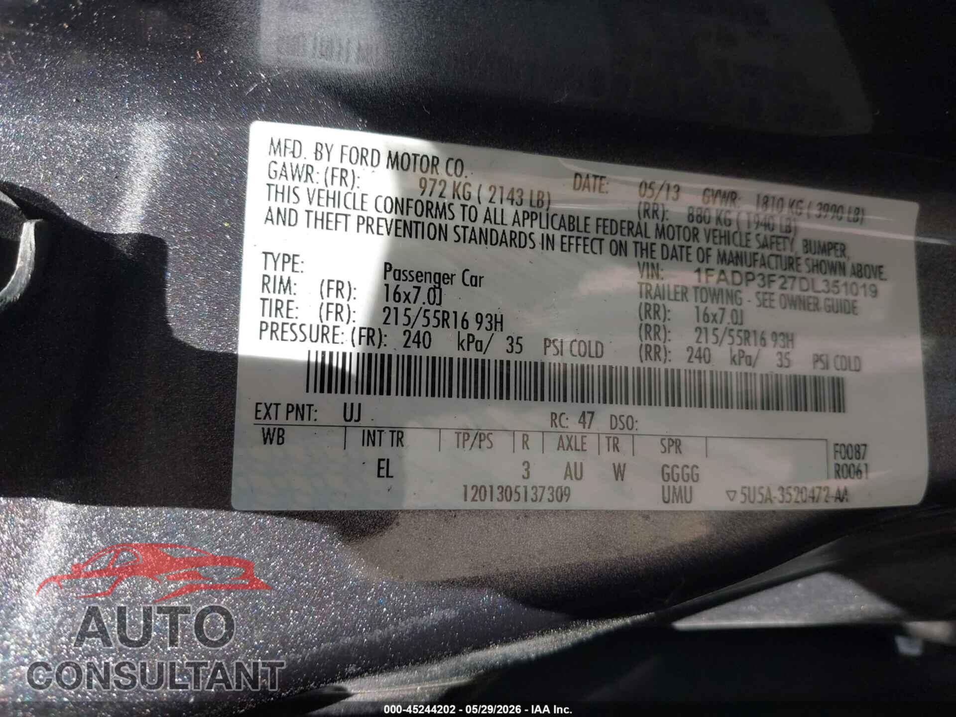 FORD FOCUS 2013 - 1FADP3F27DL351019