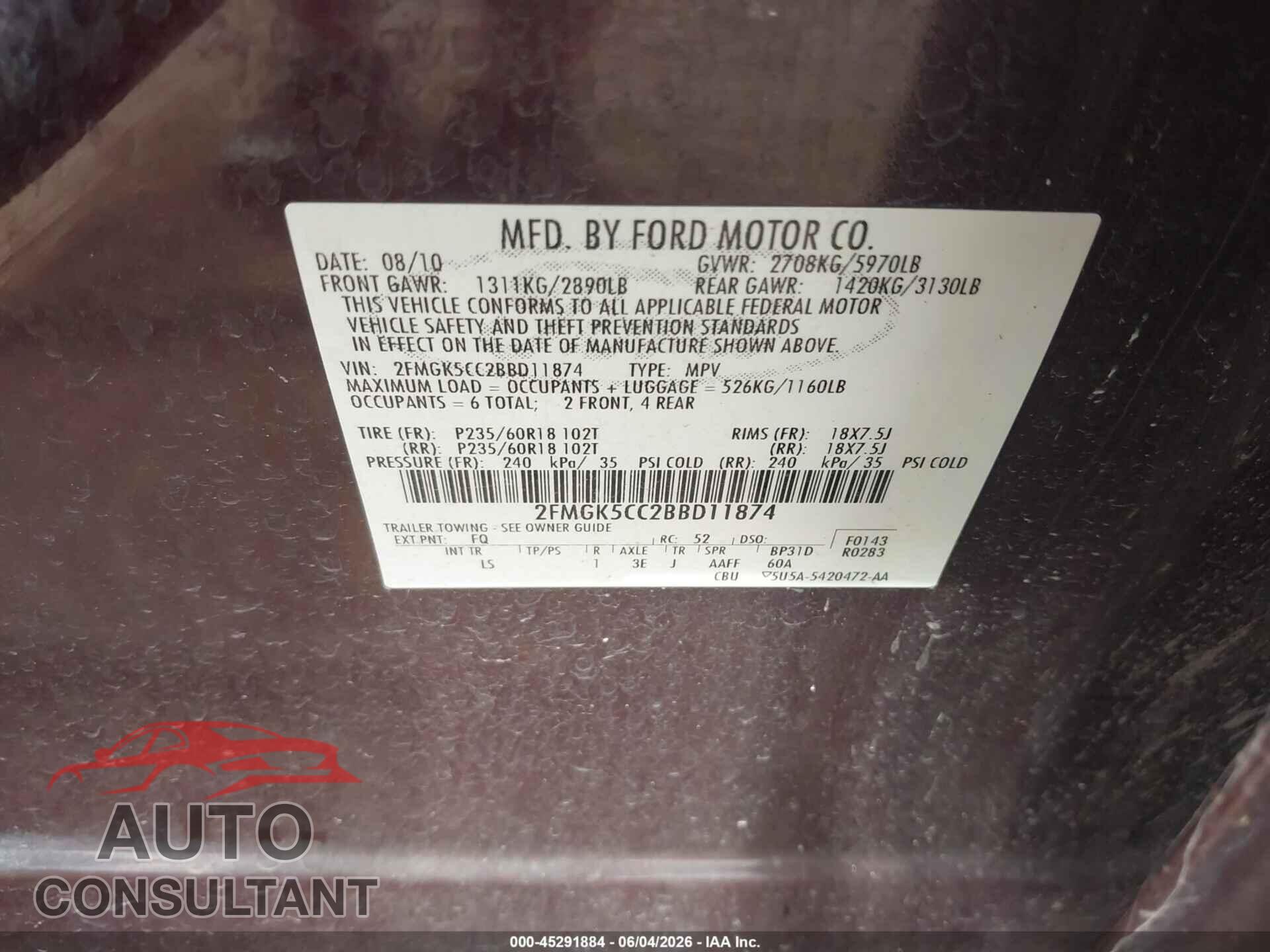 FORD FLEX 2011 - 2FMGK5CC2BBD11874