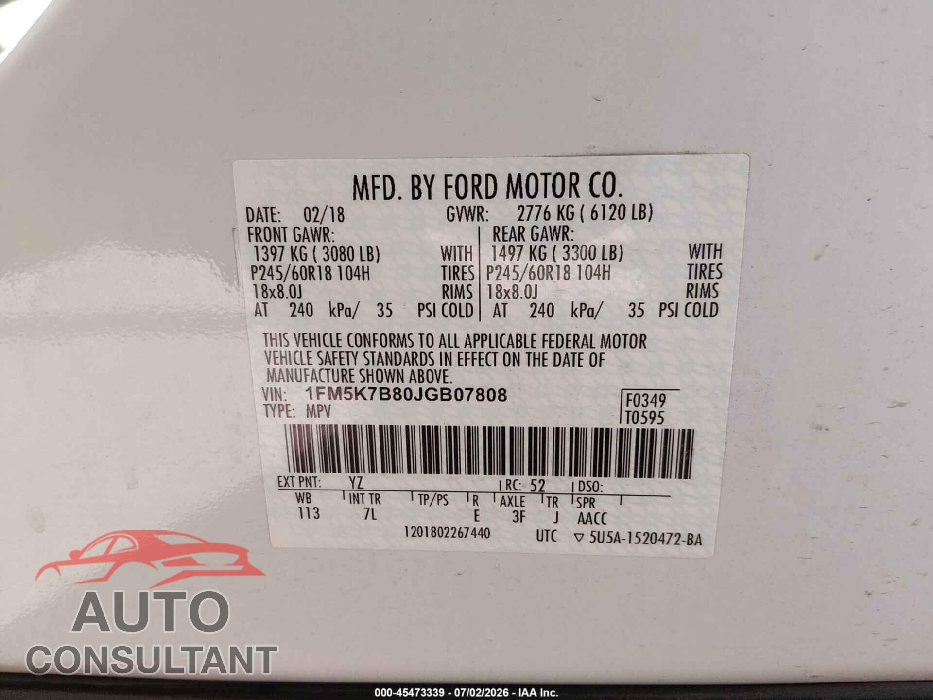 FORD EXPLORER 2018 - 1FM5K7B80JGB07808