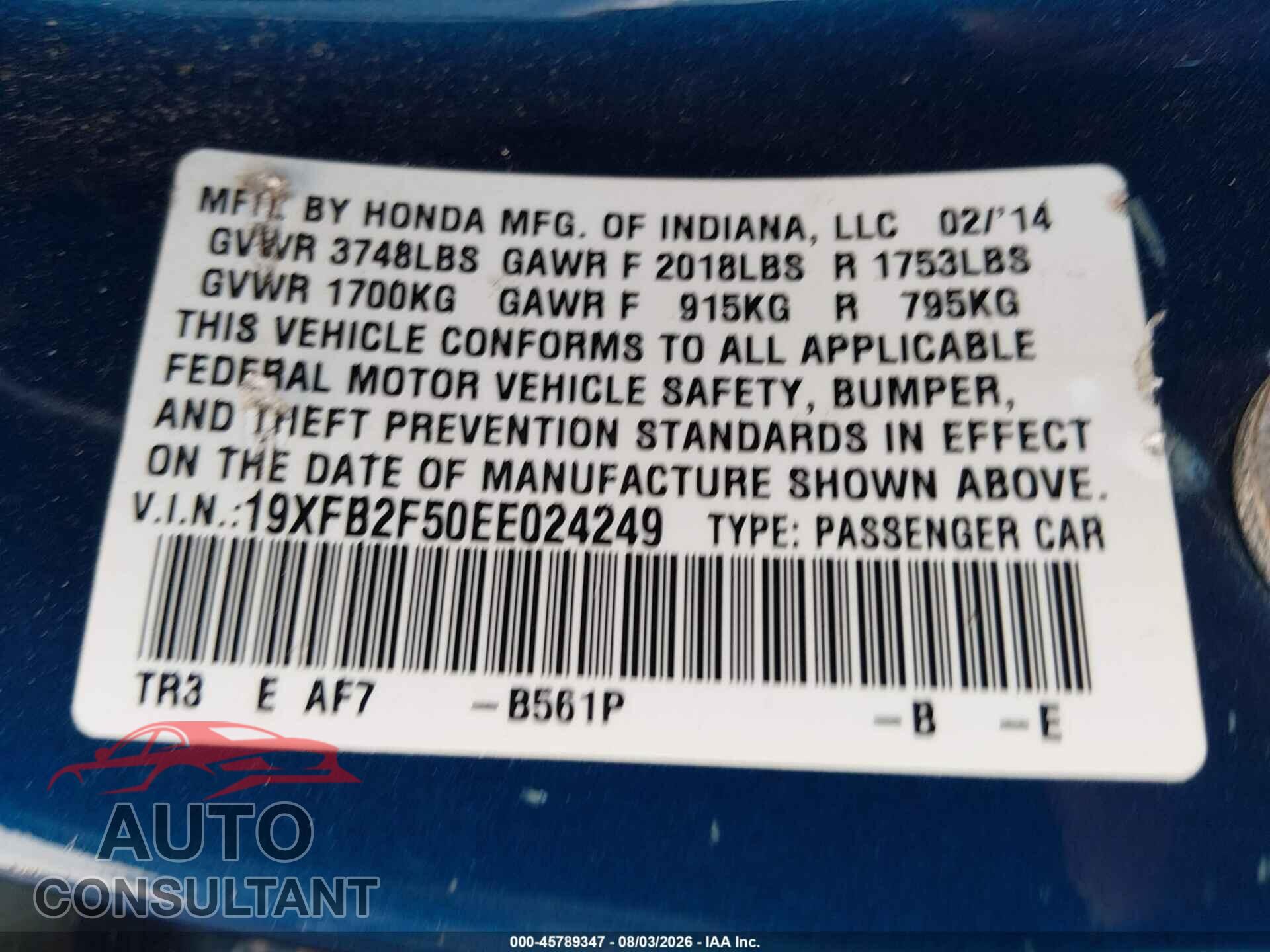 HONDA CIVIC 2014 - 19XFB2F50EE024249