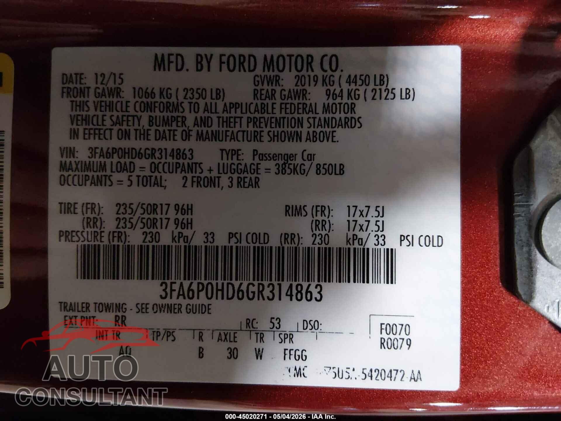 FORD FUSION 2016 - 3FA6P0HD6GR314863