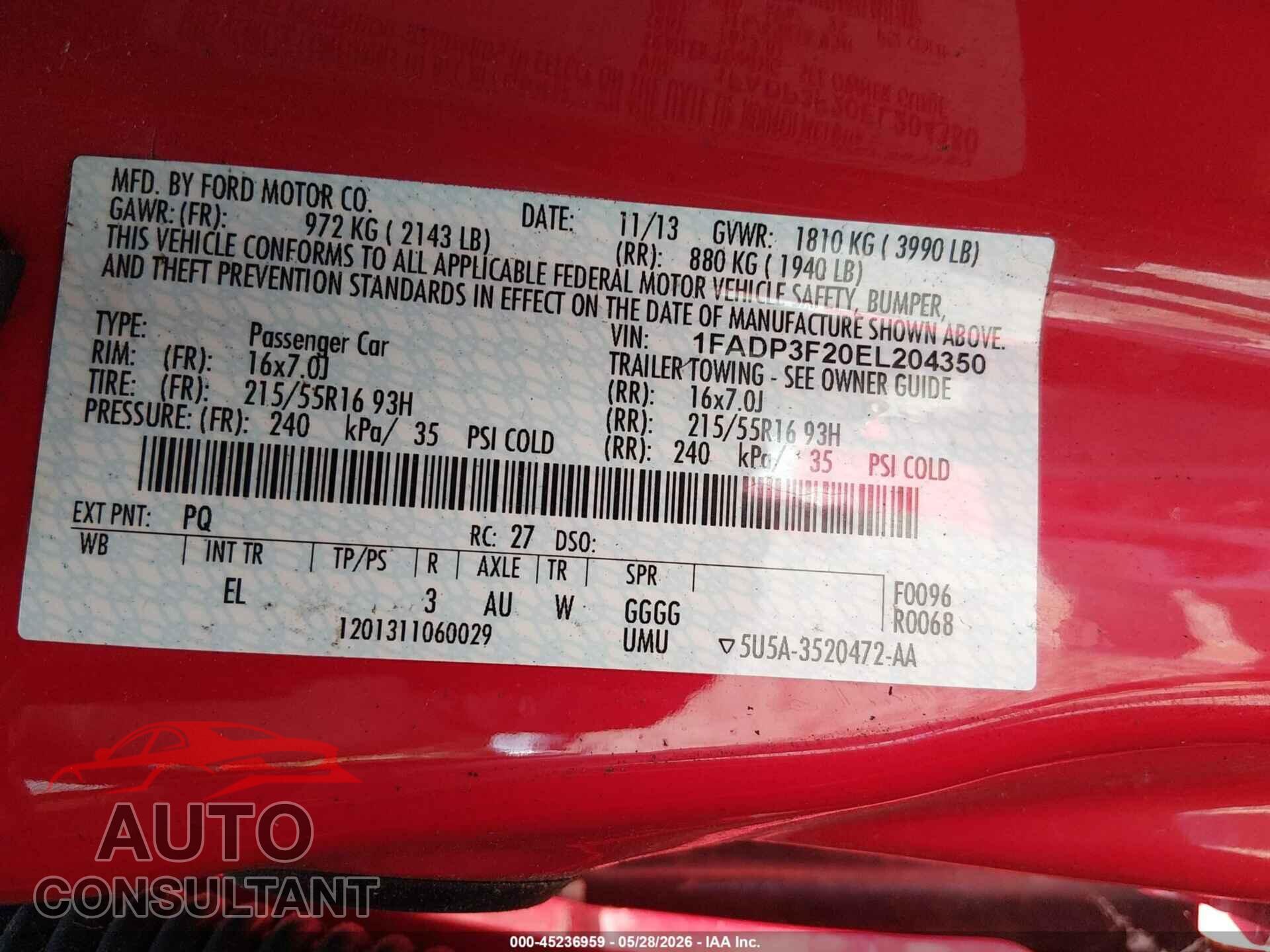 FORD FOCUS 2014 - 1FADP3F20EL204350